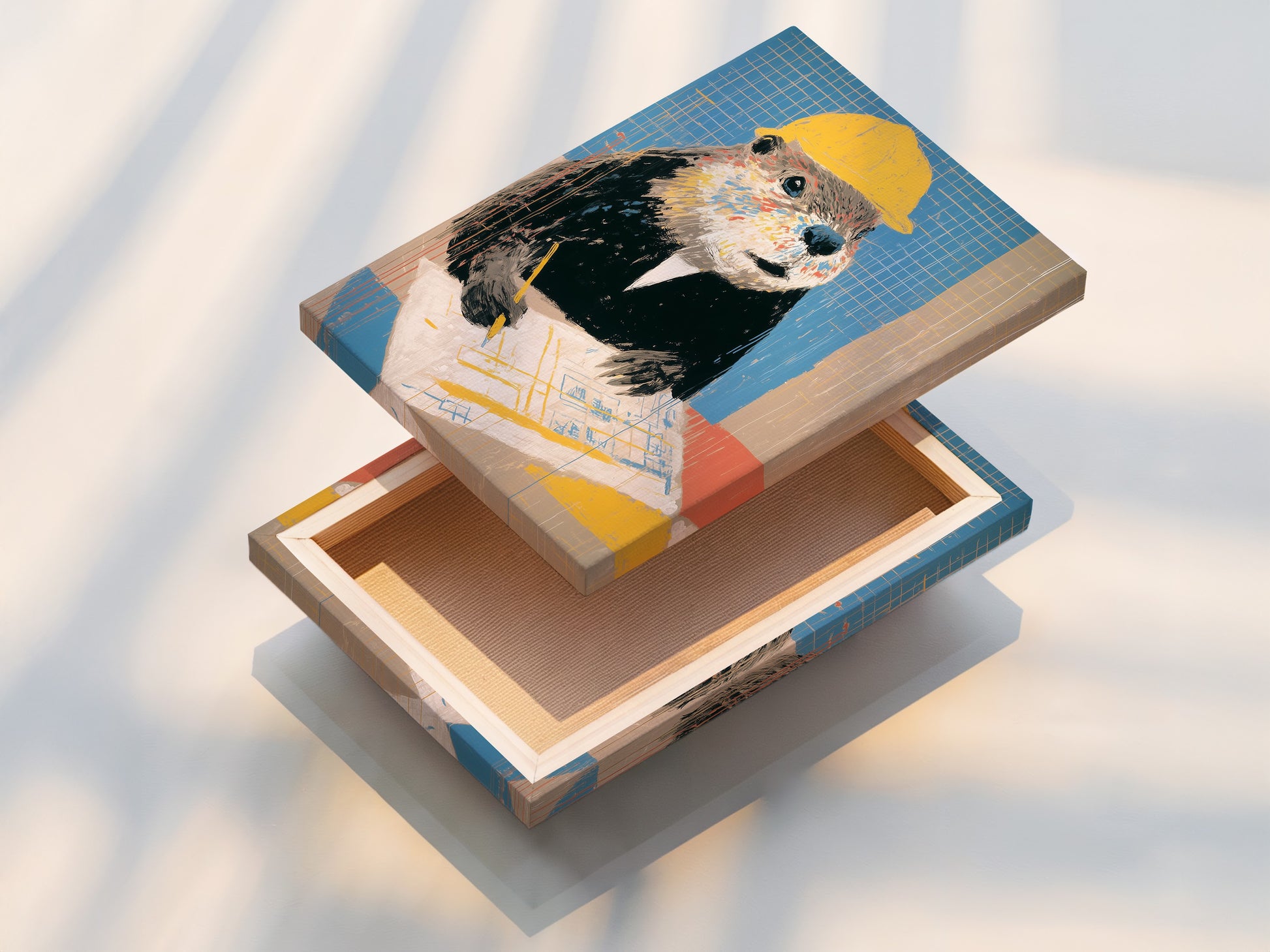 Stretched canvas print of the beaver art. The artwork features a funny animal worker. It is perfect office wall decor and a contractor gift. The quirky canvas complements modern and eclectic styles. The primary color is yellow.