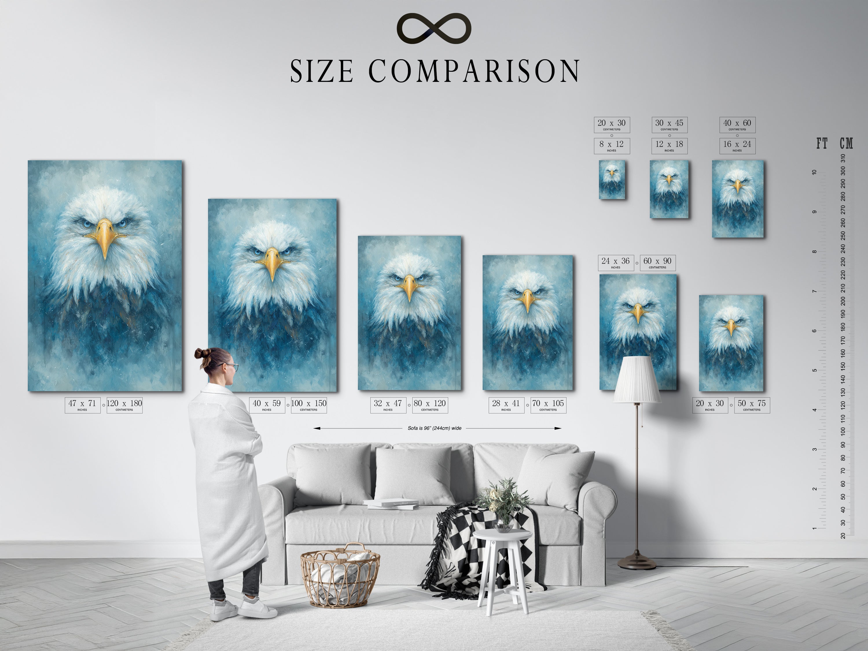 A size comparison chart is displayed in an interior setting. It shows various dimensions for the eagle artwork. Options include stretched canvas fine art poster and floating frame. Find the perfect size to enhance your office or living room with this majestic bird art.