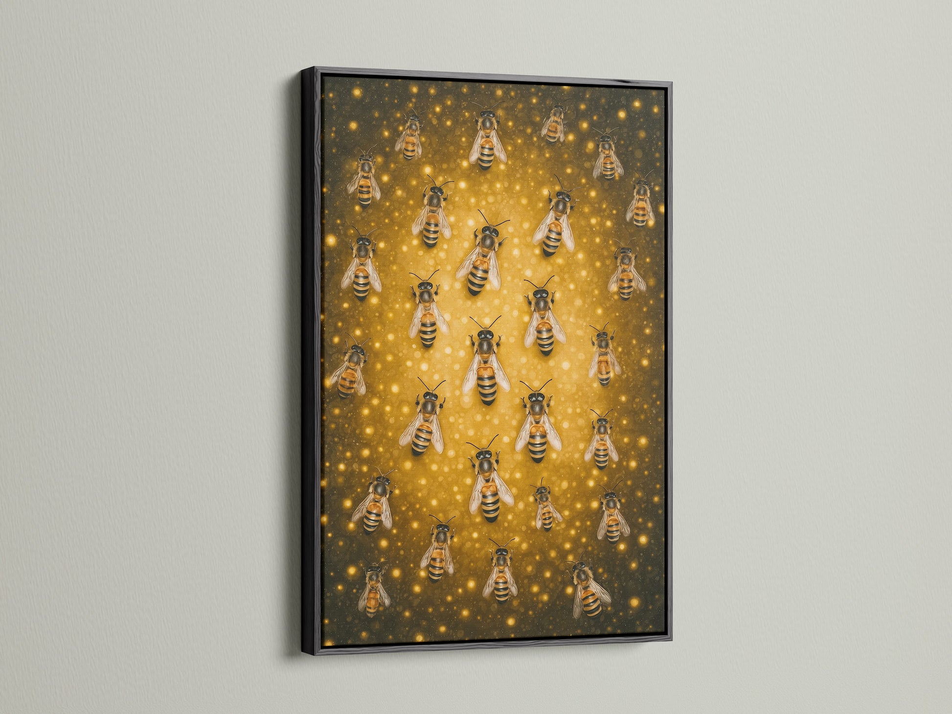 A honey bee artwork is displayed in a black frame. The black frame adds a bold and sophisticated touch. It makes the gold tones in the artwork pop. This framed canvas print is ideal for modern and eclectic decor styles.