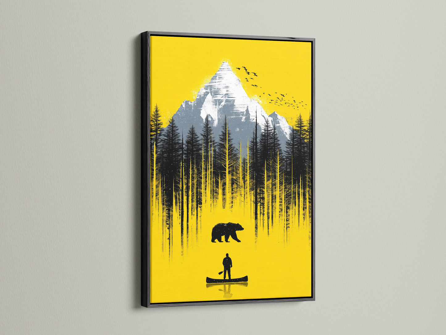 Mountain Bear artwork in a black frame. This cabin wall decor offers a modern touch. The bear silhouette stands out against the yellow. This mountain decor is ideal for a contemporary space. Get yours framed in black.
