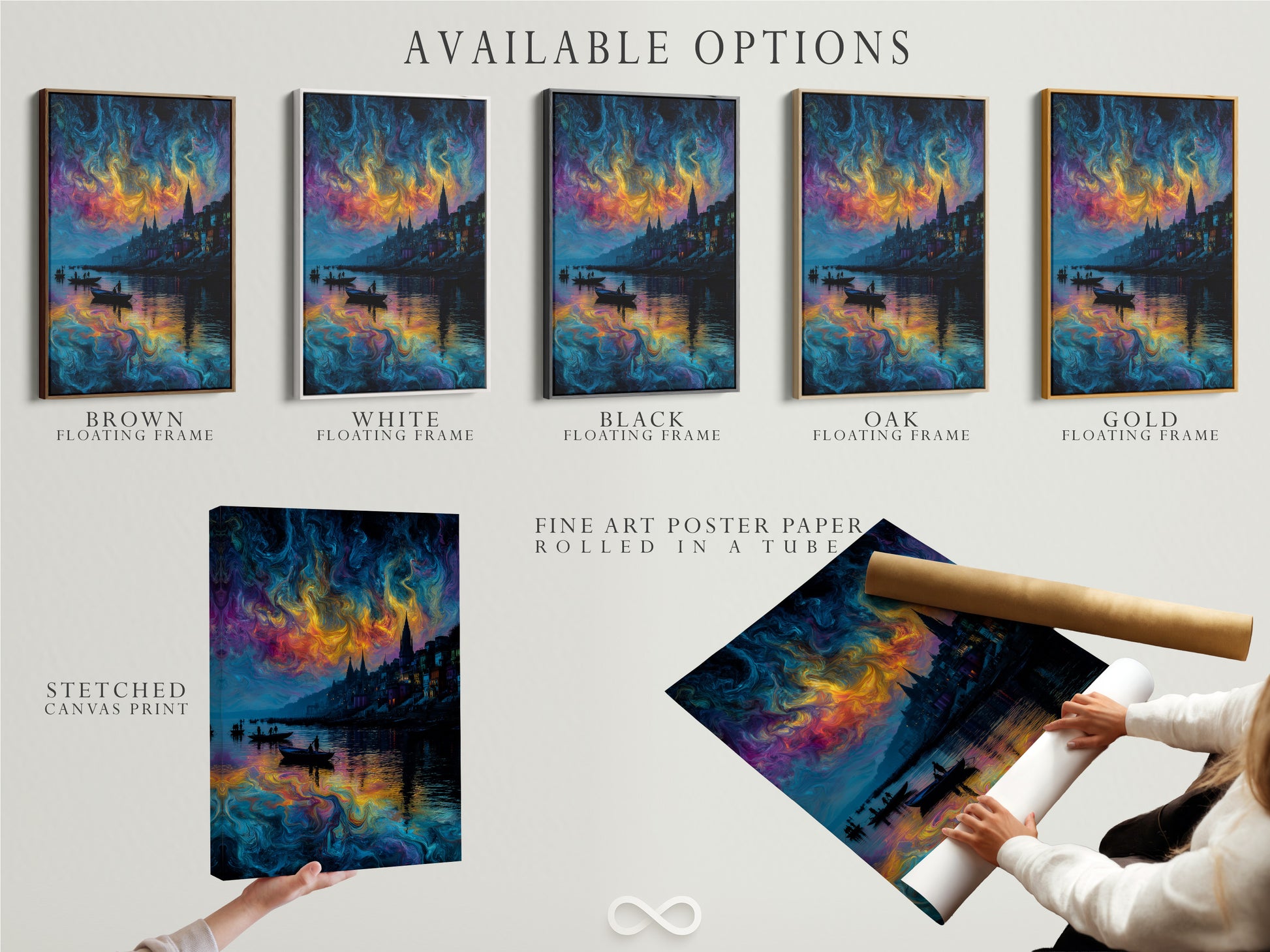 Available options include a stretched canvas print fine art poster paper and floating frame. This surreal cityscape features a vibrant swirling sky. The colorful wall art is perfect for your home or office.