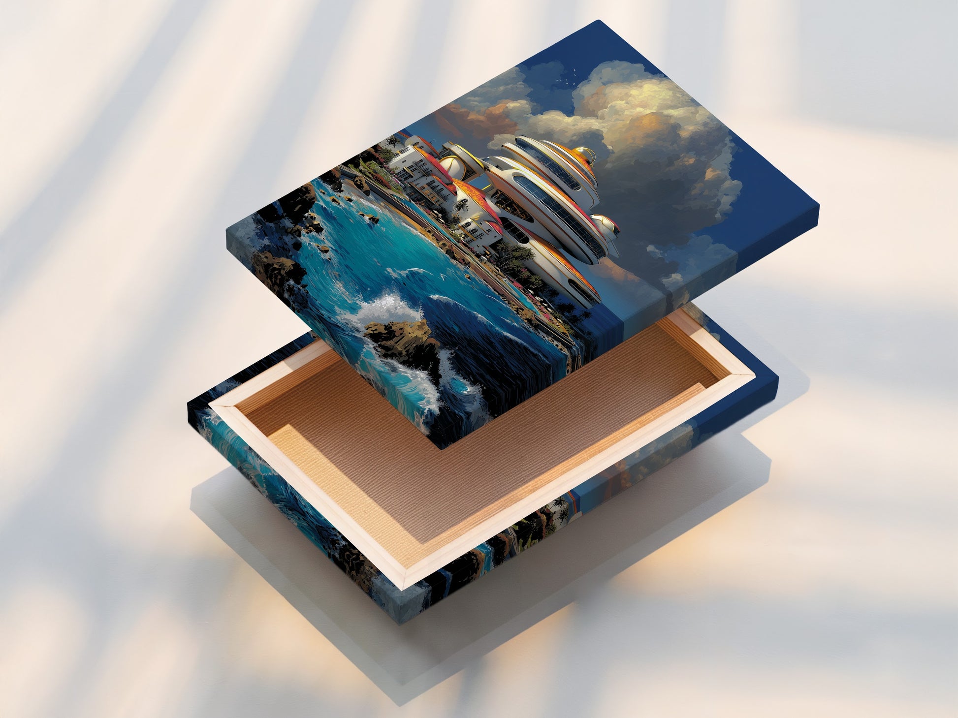 This is a stretched canvas print of Futuristic Architecture. The modern coastal art is ready to hang. Perfect for adding a sci-fi touch to your living room bedroom or office. This contemporary art piece enhances any modern minimalist or coastal style.