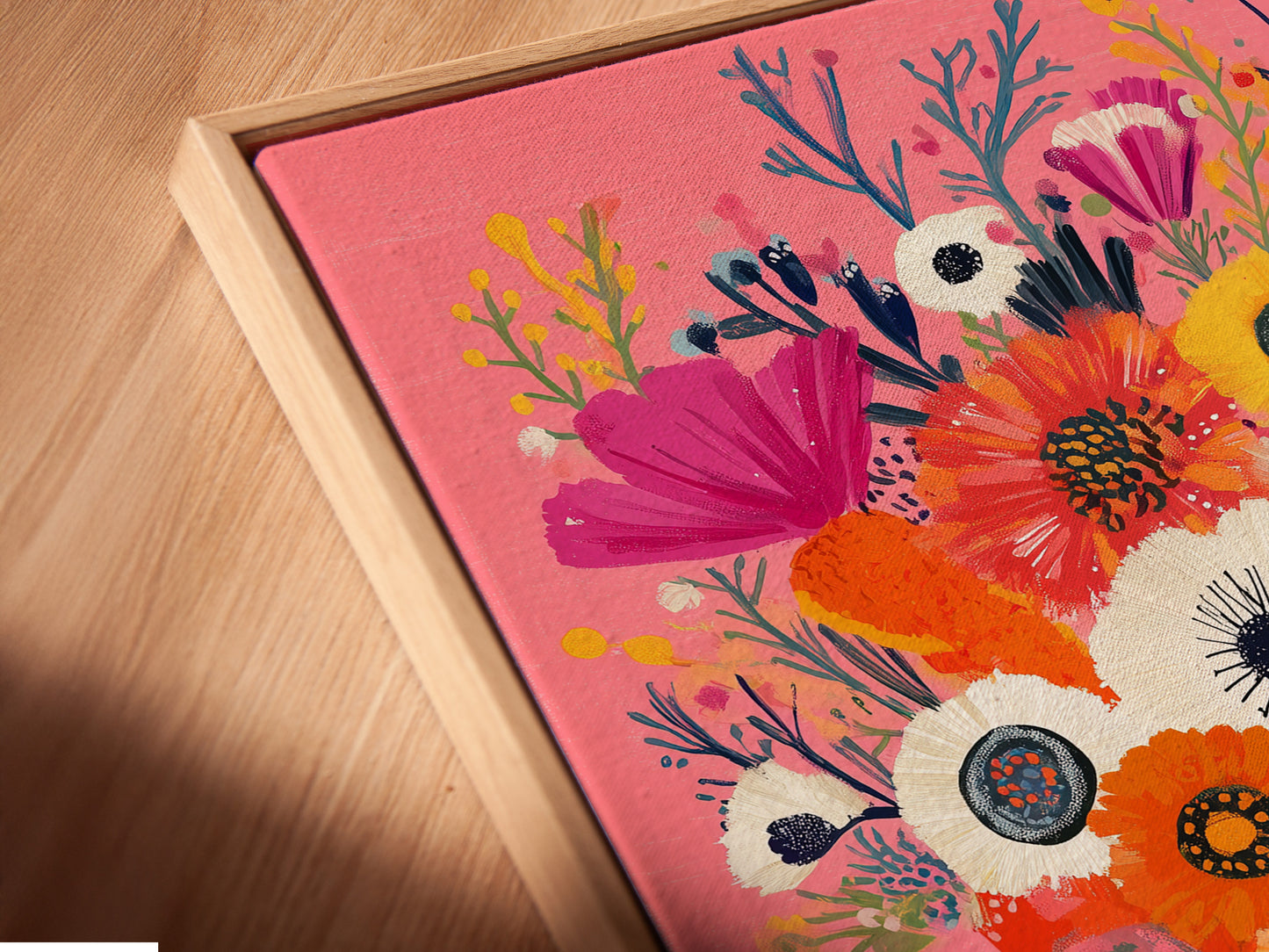 Angled close up of a canvas print in a floating frame. The frame adds depth and dimension to the artwork. The canvas print creates a gallery like feel. This artwork enhances any living space. Consider a floating frame to showcase your artwork.