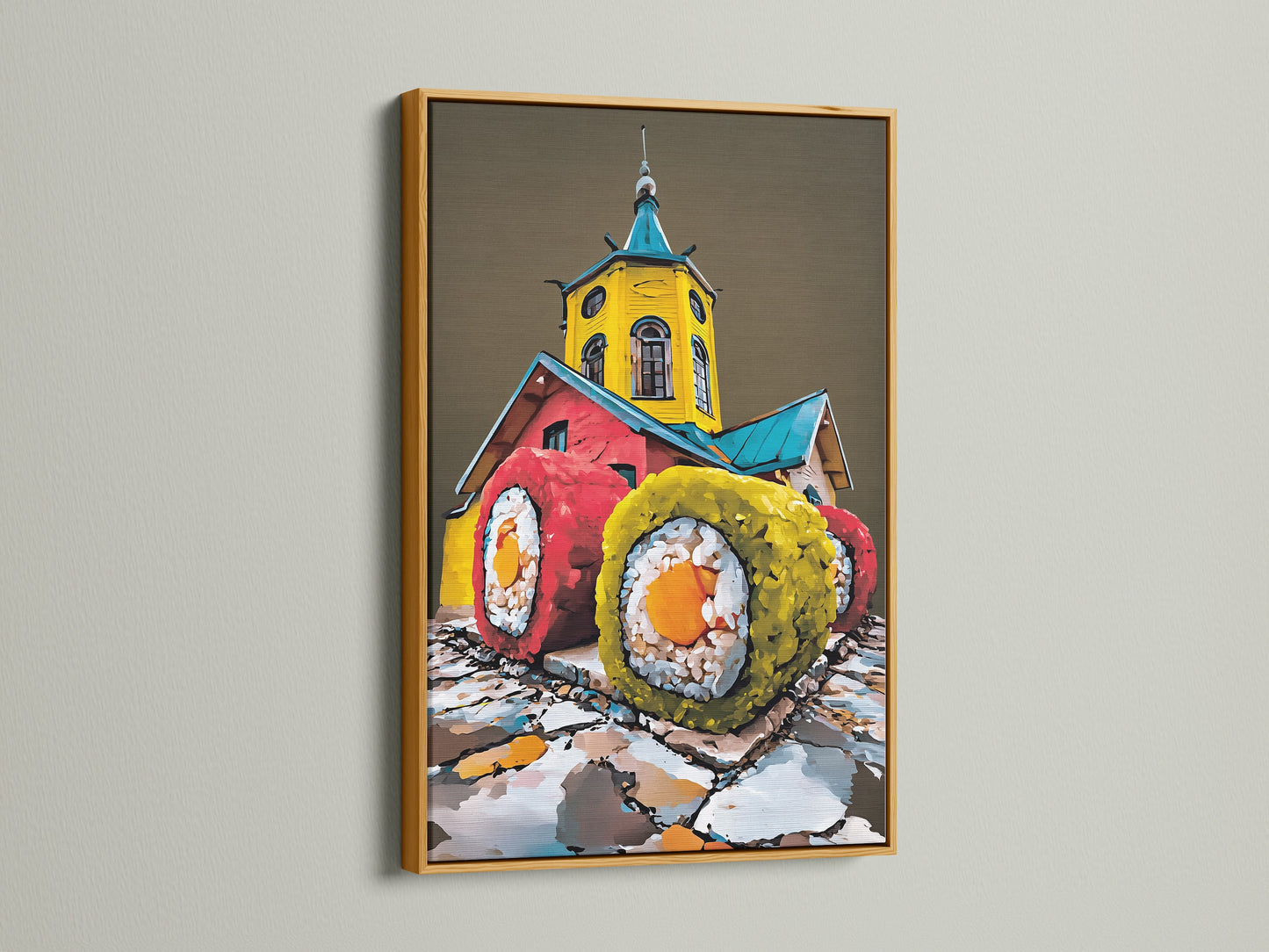 Gold frame featuring a sushi art print. The colorful kitchen wall decor enhances dining spaces. This Japanese food canvas art is perfect for restaurants. Homeowners and art collectors will love this modern culinary art.