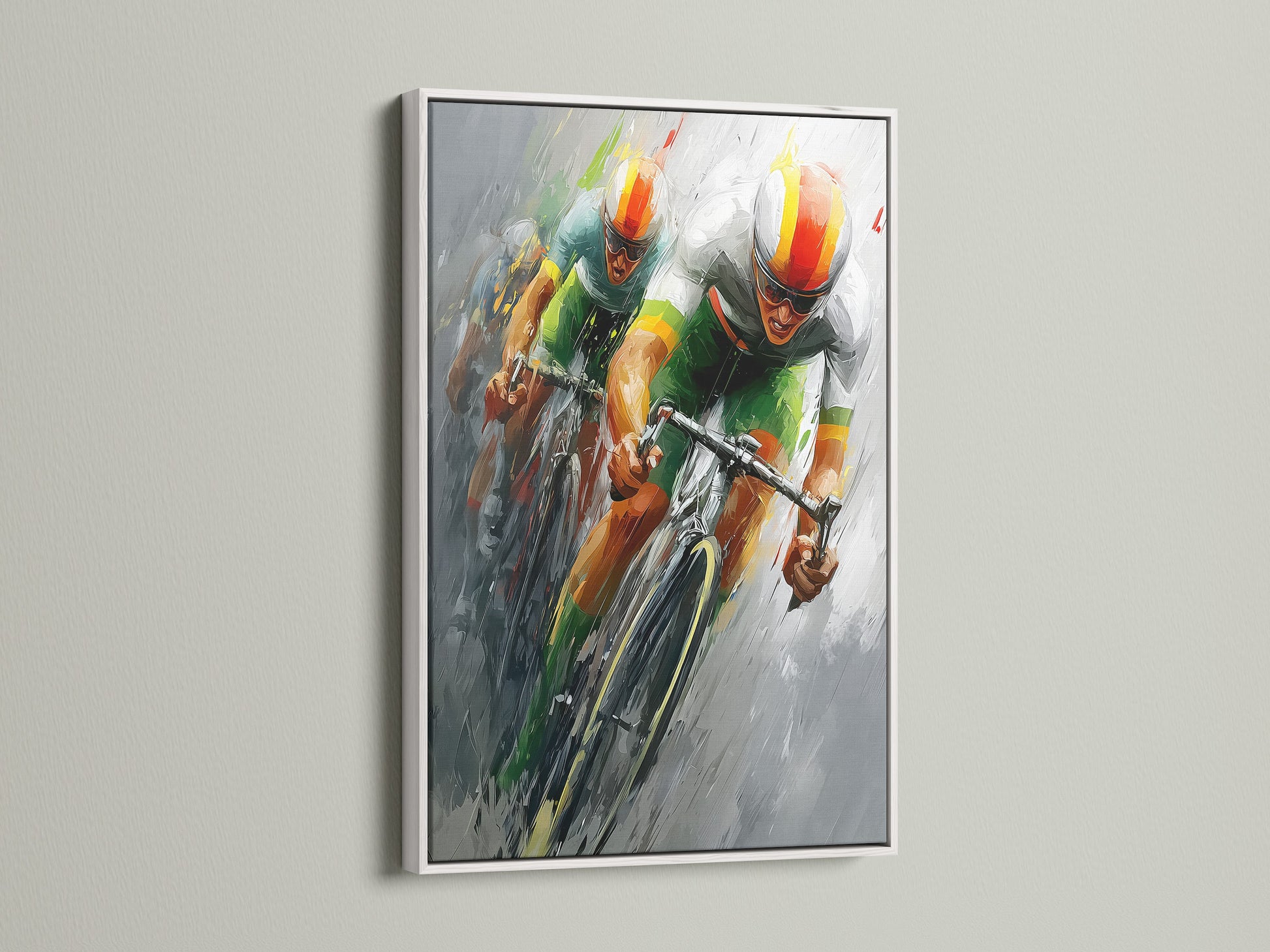 Artwork displayed in a sleek white frame. The bright white finish offers a clean modern look. The frame enhances the art. It makes it pop. A versatile choice for any interior style.