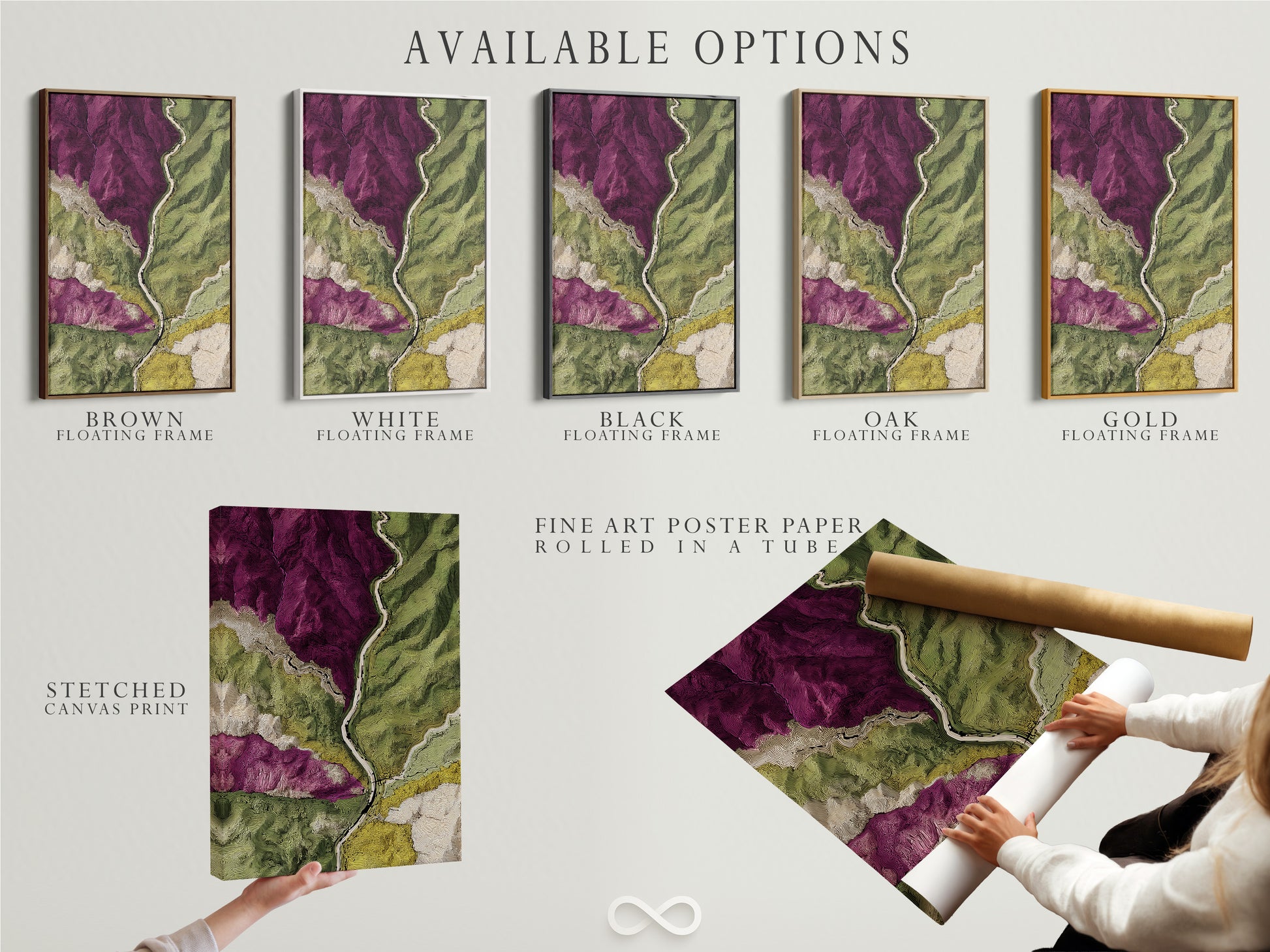 Available options are showcased: stretched canvas print fine art poster paper and floating frame. Choose the perfect format for your artwork. Each option offers a unique way to display art. Select the style that best suits your taste. Enhance your home with our versatile options.