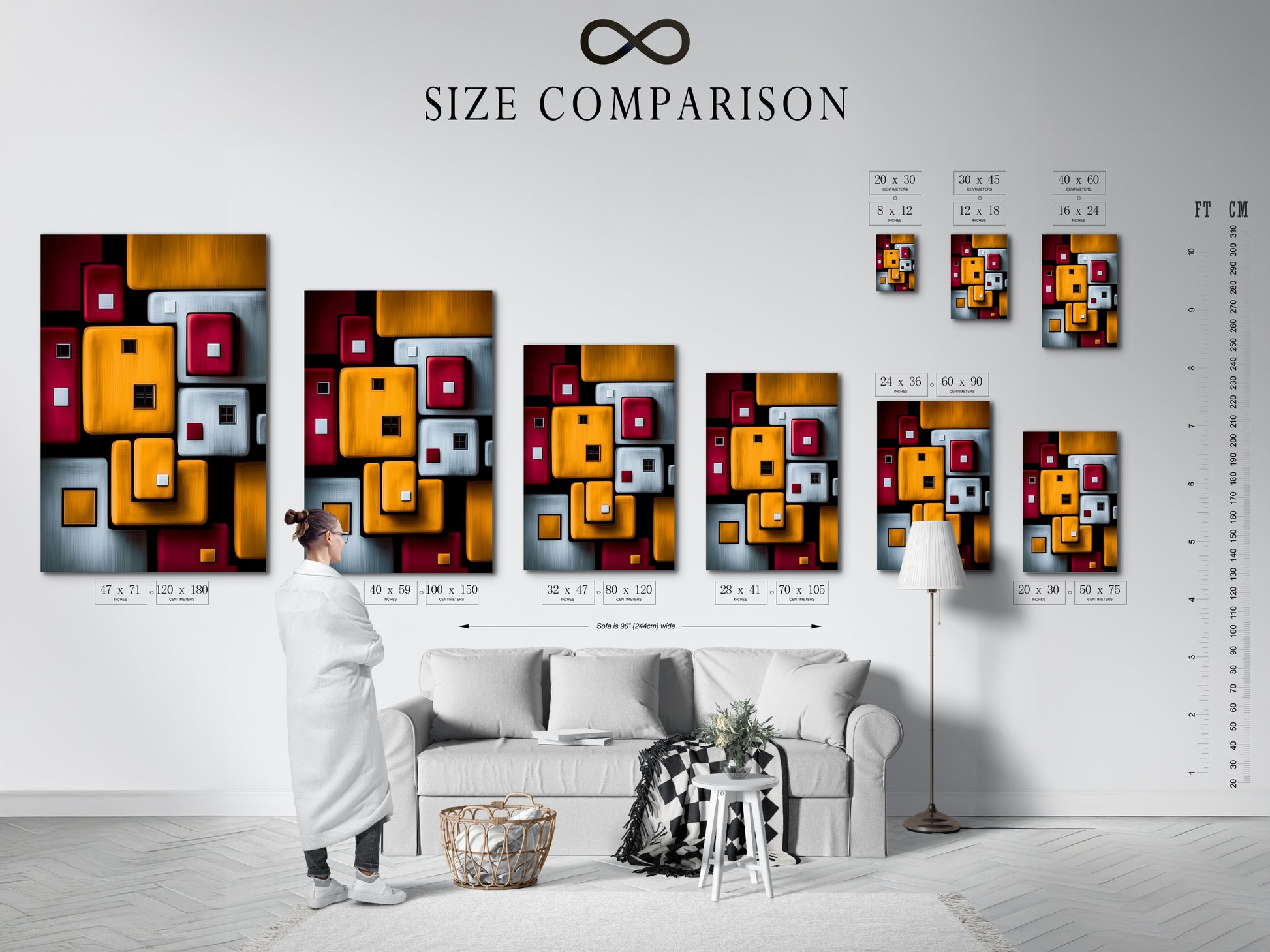 A size comparison chart displayed in a room setting. Visualize the impact of this geometric art on your wall. Choose the perfect size for your abstract print or modern canvas art. Enhance your home decor with vibrant artwork.