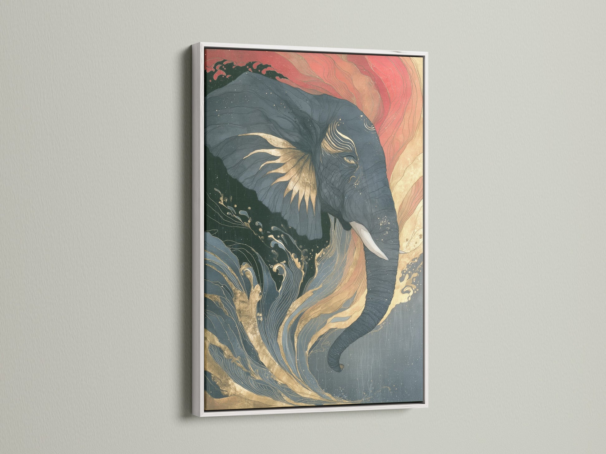 Elephant artwork with Japanese wave art displayed in a white frame. This animal wildlife poster brings coral pink and teal to bedroom decor. A stylish Asian-inspired art option for any room.