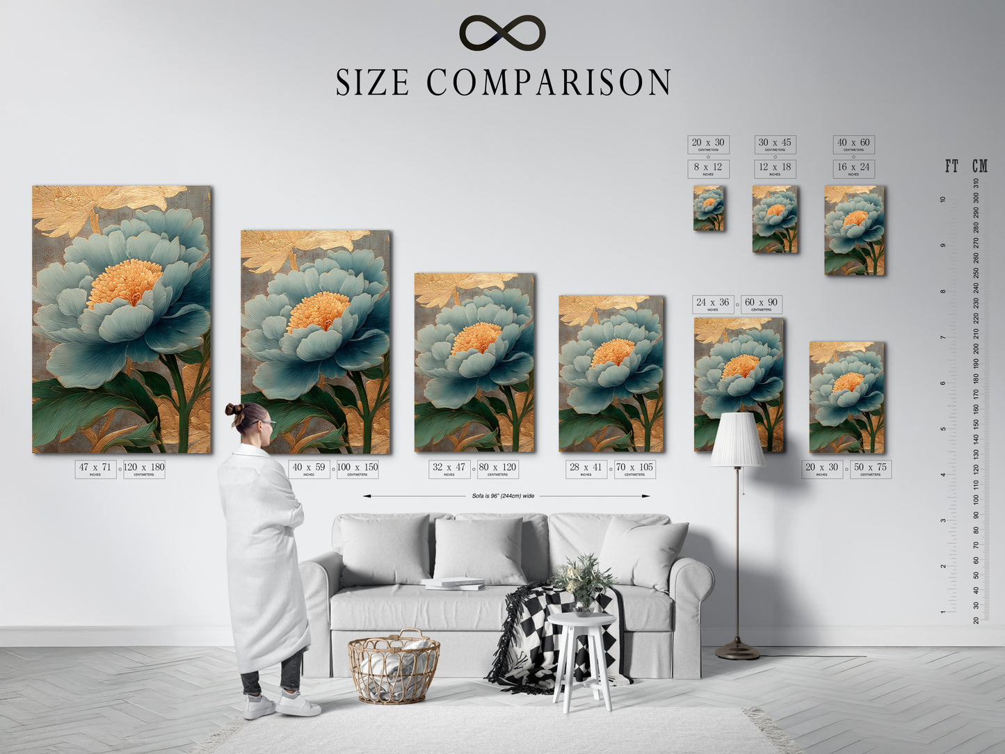 This size comparison chart is in an interior setting. It helps visualize artwork dimensions. See how different sizes fit your space. Make informed decisions for your decor. Find the perfect size for your needs. The artwork is displayed on a white wall.