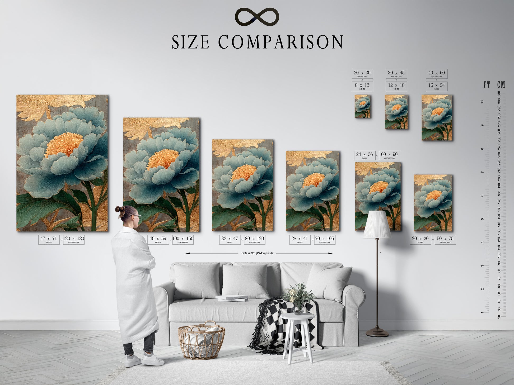 This size comparison chart is in an interior setting. It helps visualize artwork dimensions. See how different sizes fit your space. Make informed decisions for your decor. Find the perfect size for your needs. The artwork is displayed on a white wall.