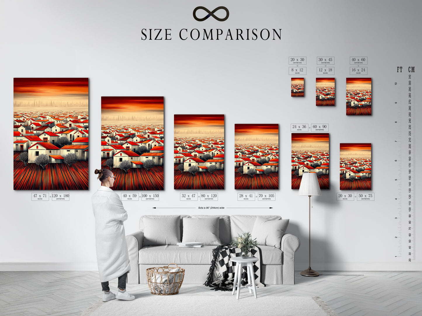 A size comparison chart displays the 'Red Roof Village' artwork in an interior setting. See how this rustic landscape print fits in different room sizes. Perfect for planning your home decor. Visualize the Mediterranean town artwork in your space.