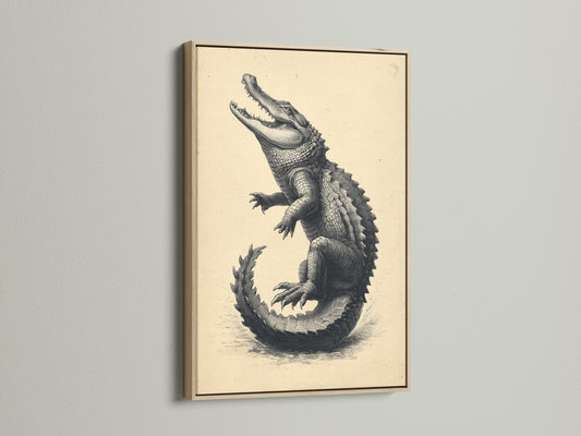 Vintage alligator artwork in an oak frame. This antique animal print enhances any study room decor. Crocodile artwork brings a touch of vintage zoology to your walls. Perfect natural specimen art.