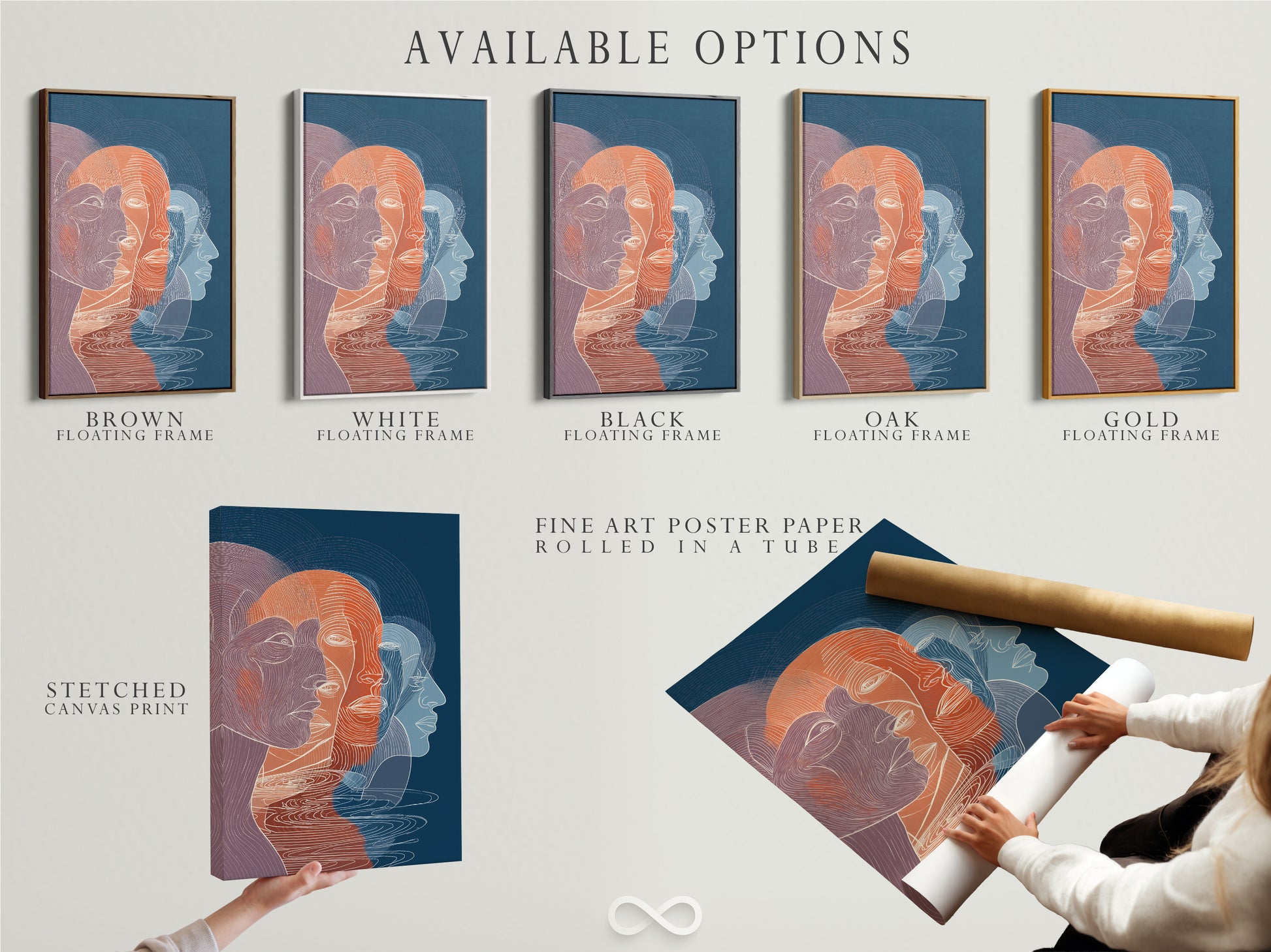 Available options for art prints are showcased. Options include a stretched canvas print. Also a fine art poster paper. A floating frame is also an available option for your artwork.