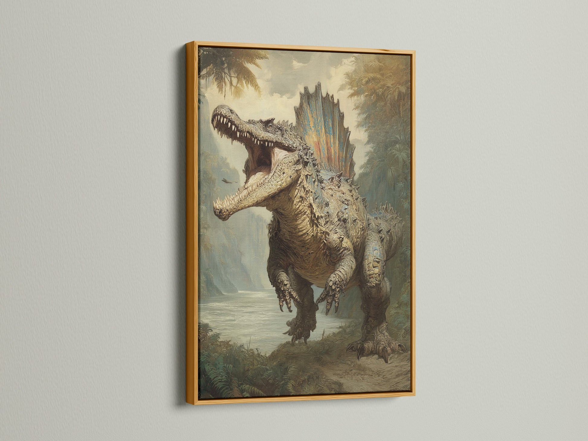 Dinosaur artwork in a gold frame. The artwork features a large dinosaur roaring in a prehistoric landscape. The gold frame brings a touch of luxury. This artwork elevates your decor with a classic aesthetic. Perfect for adding a touch of glamour.