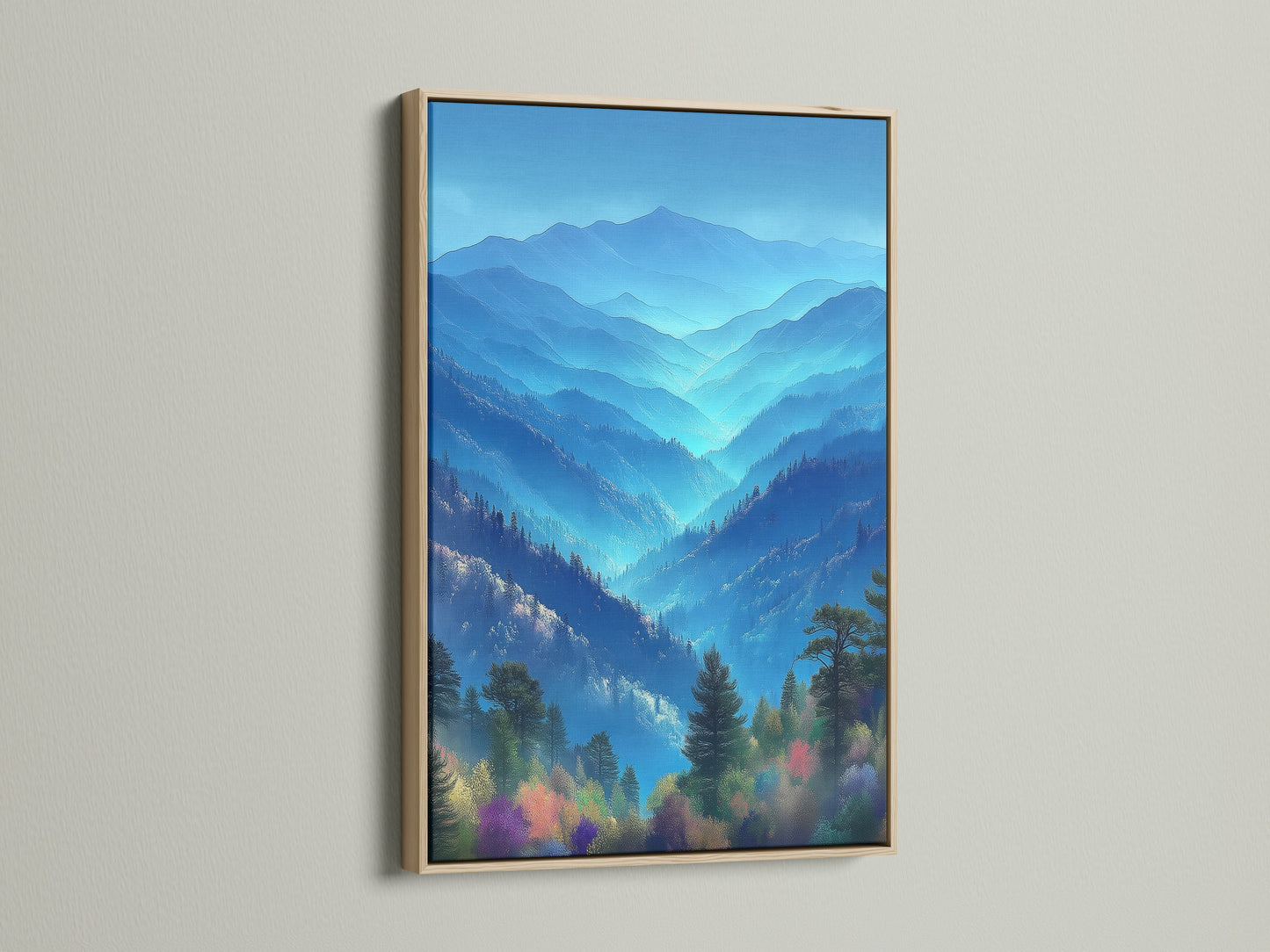 Discover a misty mountain canvas print in an oak frame. It enhances nature-inspired wall decoration. The oak frame complements the blue and green tones. This artwork brings the calming presence of the Appalachian forest to your space.