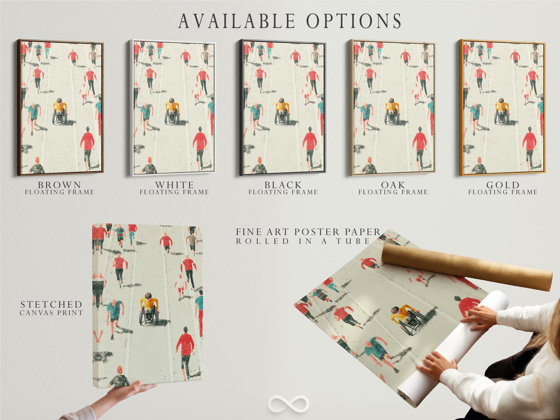 Available options for the Marathon Runners artwork. Choose from a stretched canvas print fine art poster paper or floating frame. Each option offers a unique way to display this sports-themed artwork. Select the perfect style to match your decor and personal taste.