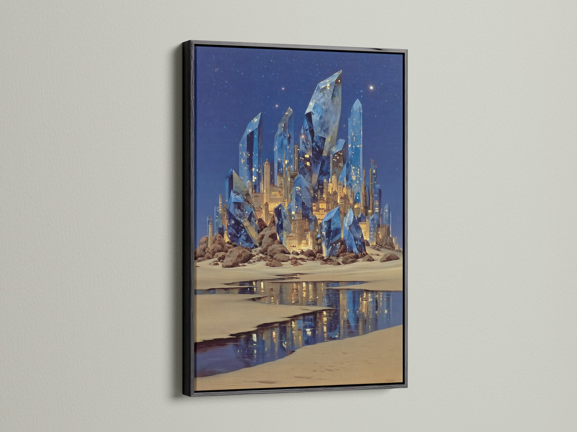 View the fantasy crystal castle artwork in a black frame. This surreal wall art is a striking addition. The black frame makes the blue crystal art pop. Ideal magical landscape canvas print for any room. Enhance your decor with fantasy artwork now