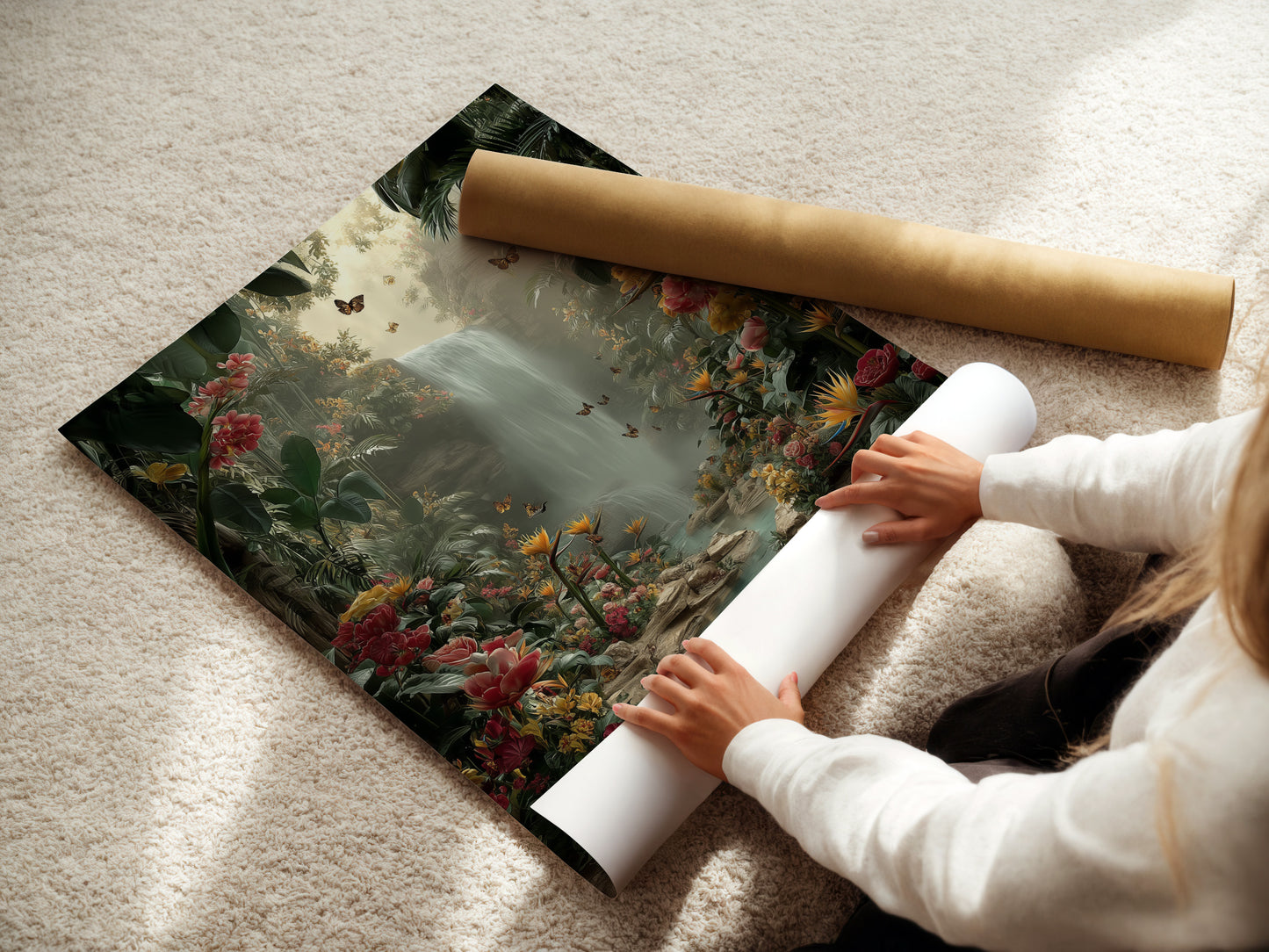A woman is carefully rolling a fine art poster paper of the Tropical Waterfall artwork. The artwork depicts a lush jungle scene with butterflies and a waterfall. This high-quality poster paper ensures vibrant colors and sharp details. Ideal for art enthusiasts. Perfect for framing or displaying.