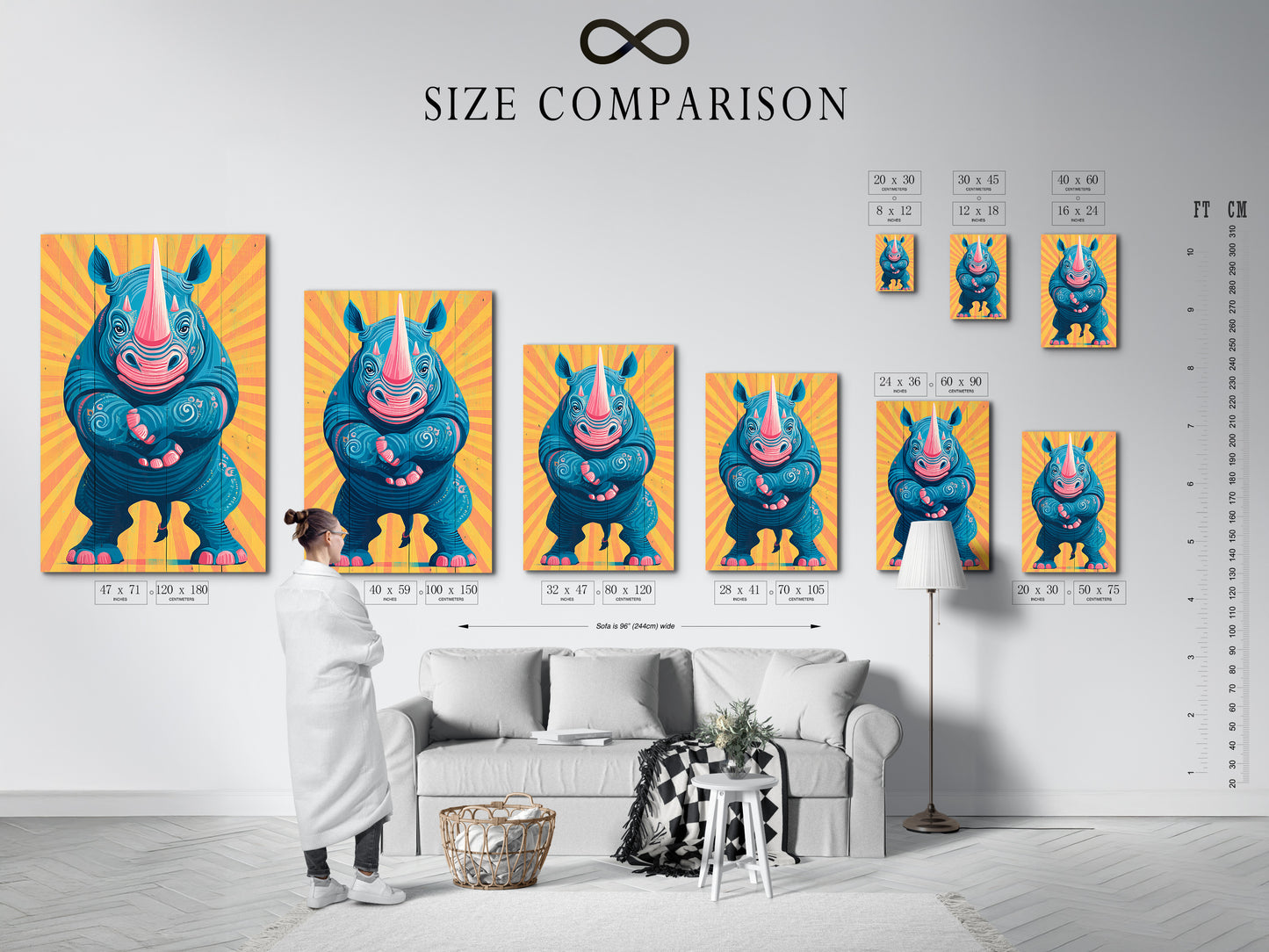 A size comparison chart is displayed in a room setting. Visualize the different sizes of the rhino artwork. See how each size fits in various interior spaces. Choose the perfect dimensions for your wall decor. Find the ideal animal canvas today.