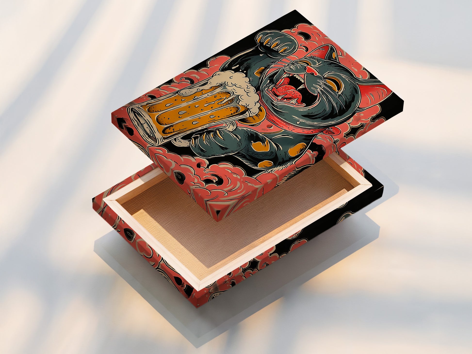 A stretched canvas print is displayed. The artwork features a cat holding a beer mug. The canvas provides a gallery-quality finish. Itโs ready to hang. This enhances the artwork's visual impact.