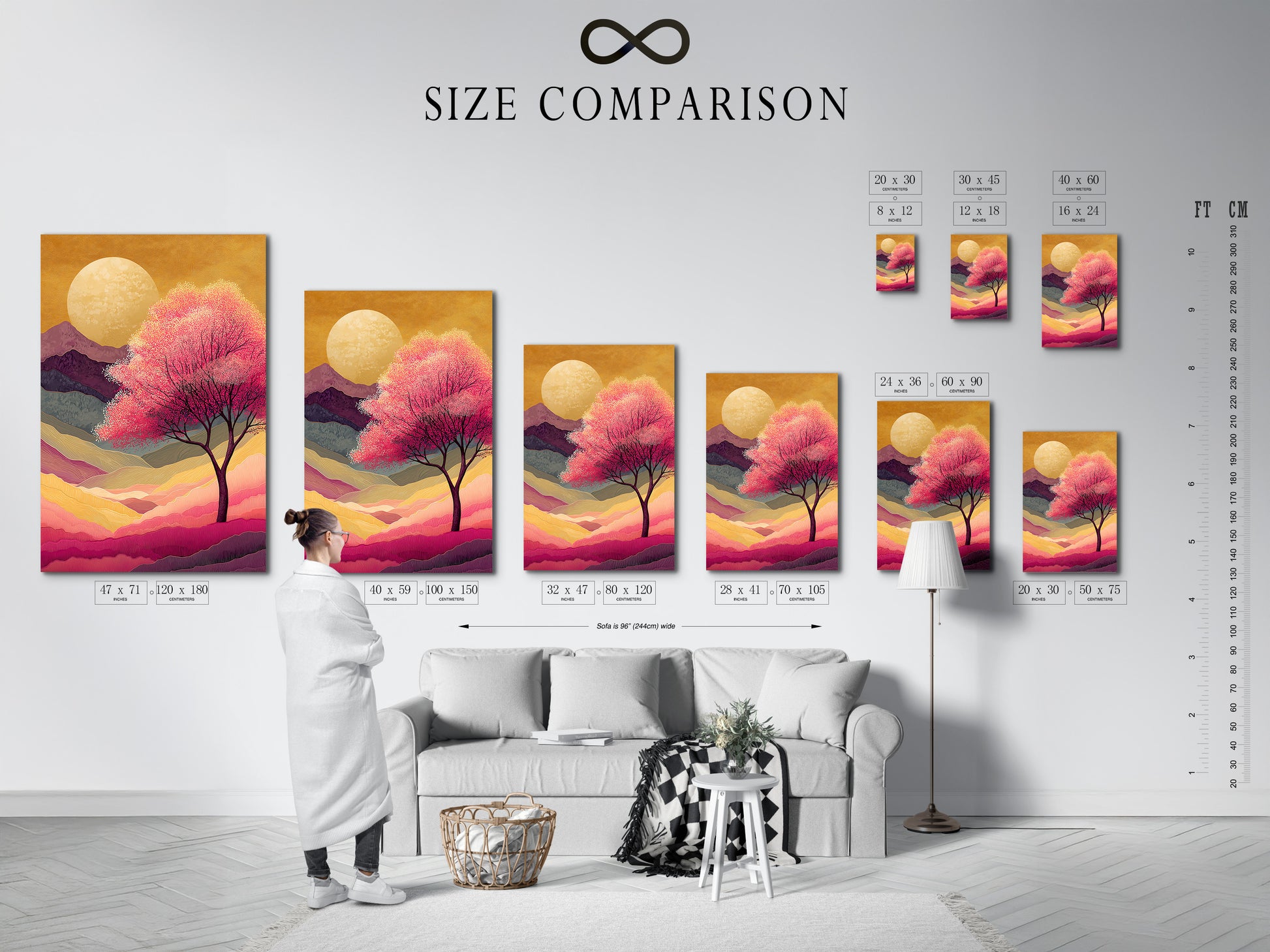 A size comparison chart is displayed in an interior setting. See how the Japanese Cherry Blossom artwork fits in your space. The artwork features a pink sunset mountain landscape. It provides zen wall decor. Plan your perfect wall art.