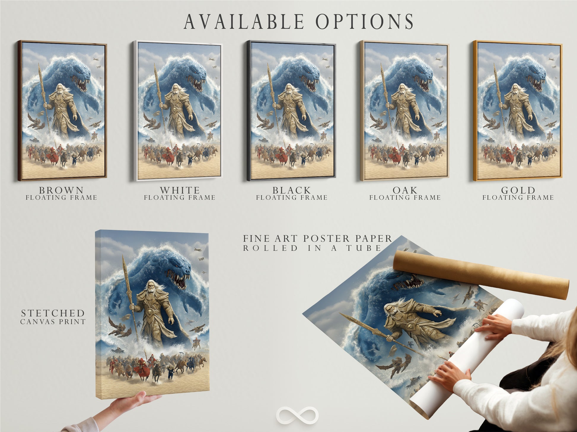 Explore available options for Norse Mythology Wall Artwork. Pictured is the Poseidon Sea God Canvas Print. Choose from a stretched canvas print fine art poster paper or floating frame. Customize your artwork to match your style.