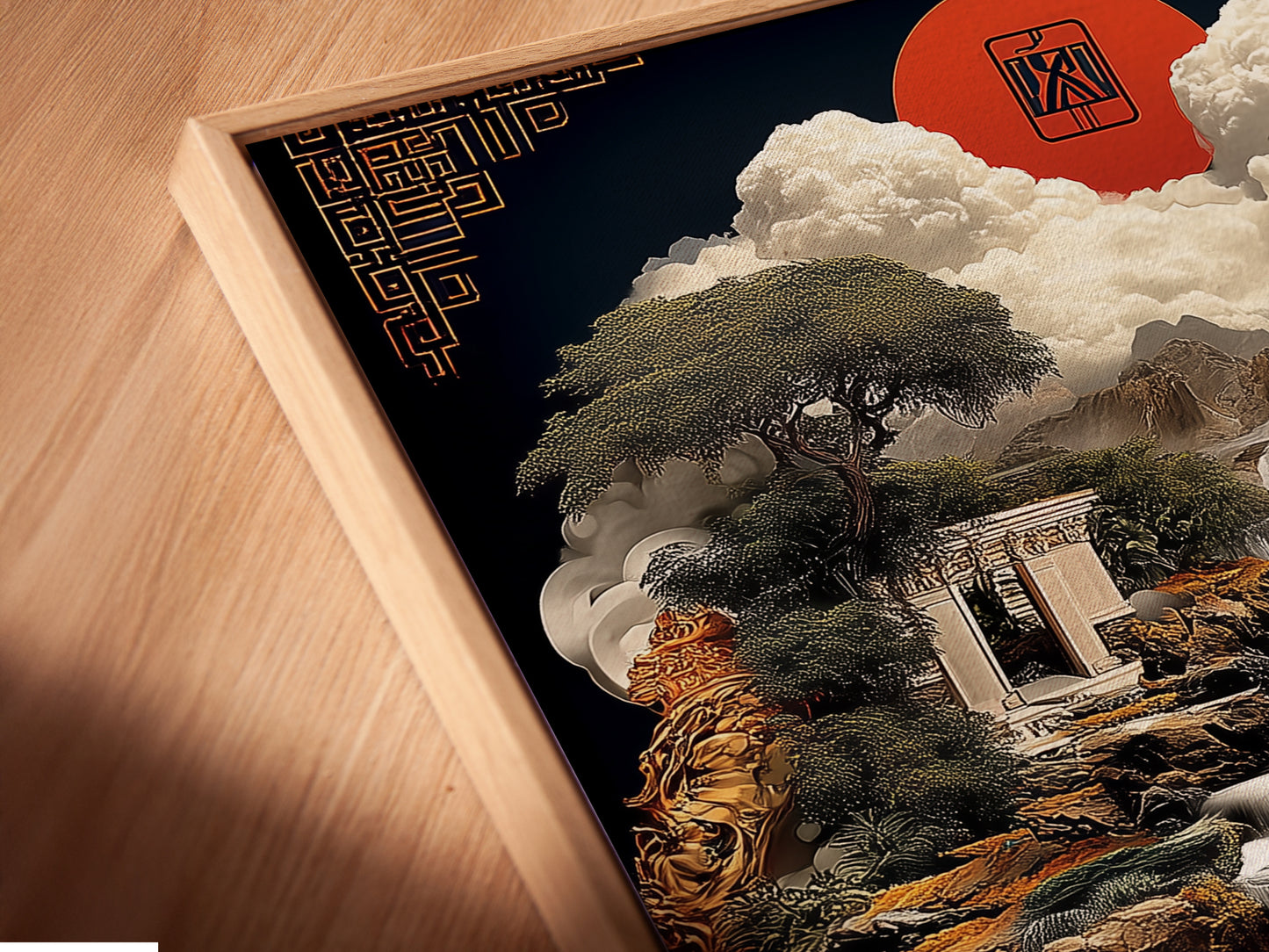 Angled close up of a canvas print in floating frame. The Asian Zen Garden Wall Art is a serene masterpiece. The oriental style artwork brings tranquility. Perfect for meditation rooms and calming spaces. Discover nature wall art.