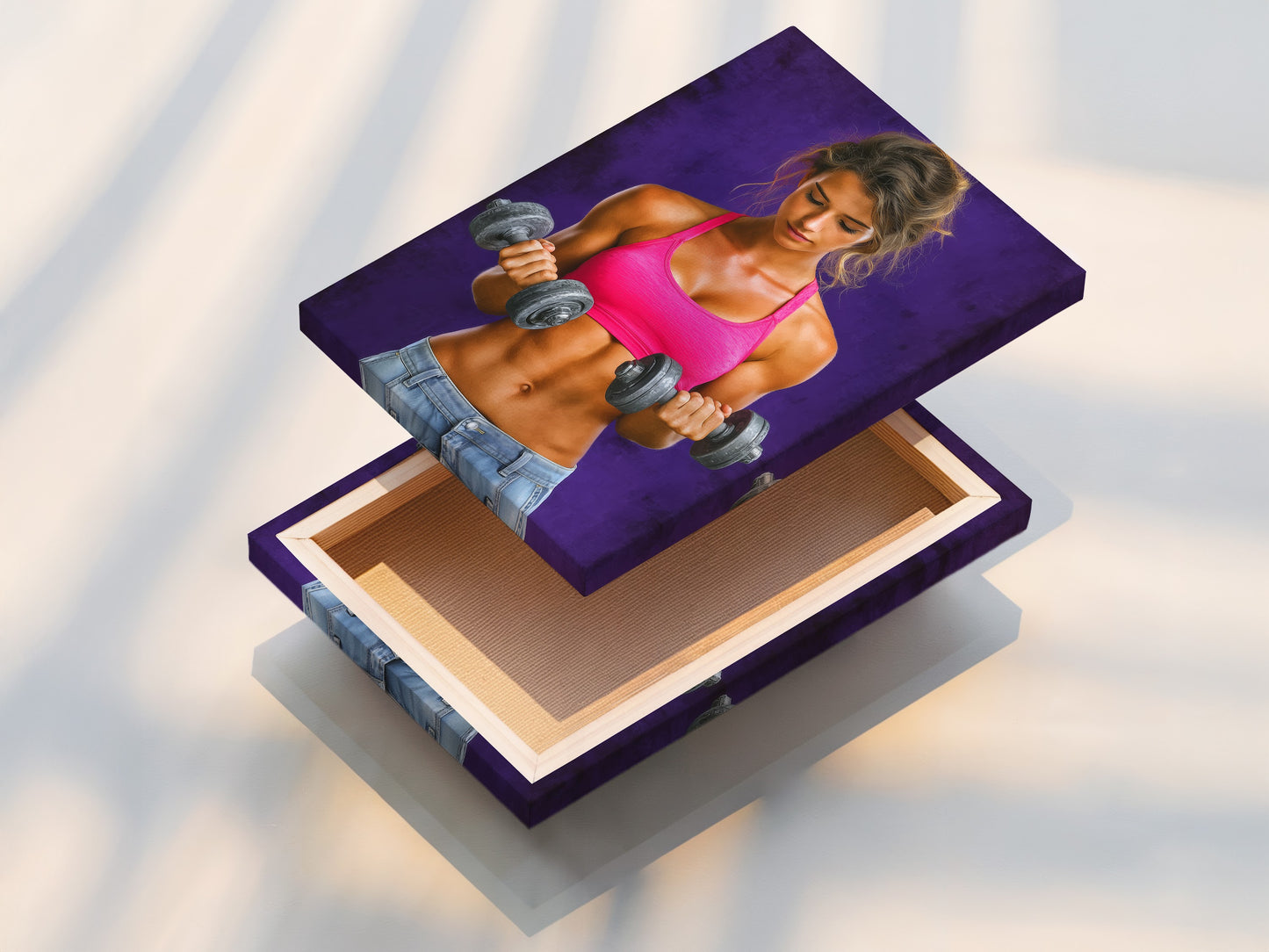 A stretched canvas print featuring a fitness woman. This ready-to-hang artwork is perfect for gym wall decor. Add inspiration to your workout space with this motivational piece.