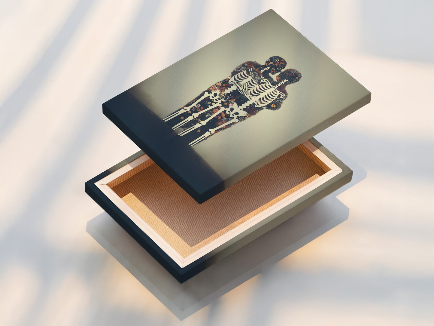 The stretched canvas print of the Floral Skeleton is shown. This gothic canvas is ready to hang. It is a great piece of anatomy artwork. Bring some moody artwork into your home today.