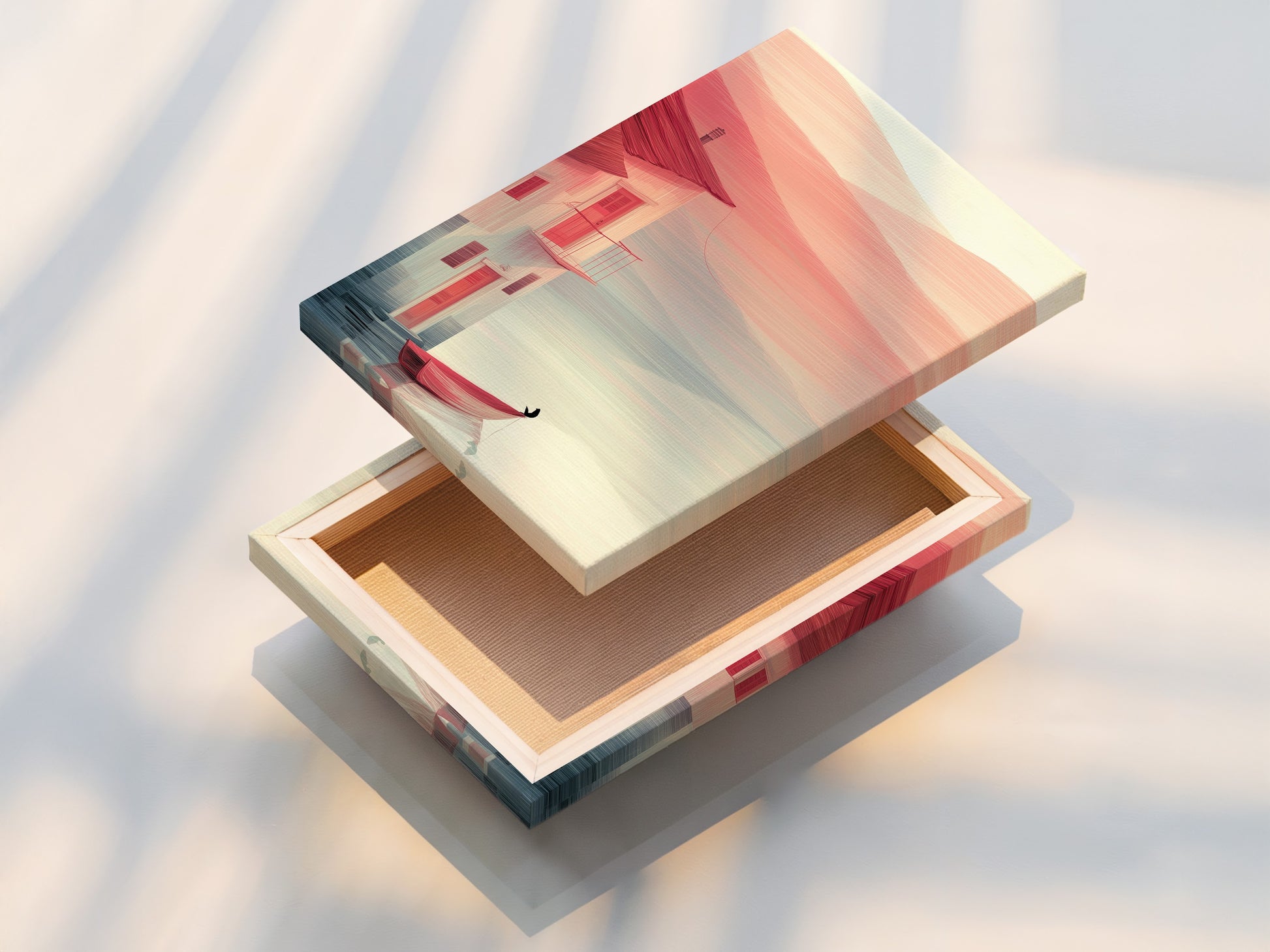 This is a stretched canvas print of coastal house artwork with a red boat. The minimalist seascape is ready to hang. It is perfect for living room wall art and beach house decor. Elevate your space with this serene artwork. Ideal for coastal and Scandinavian interiors. Discover nautical wall art.