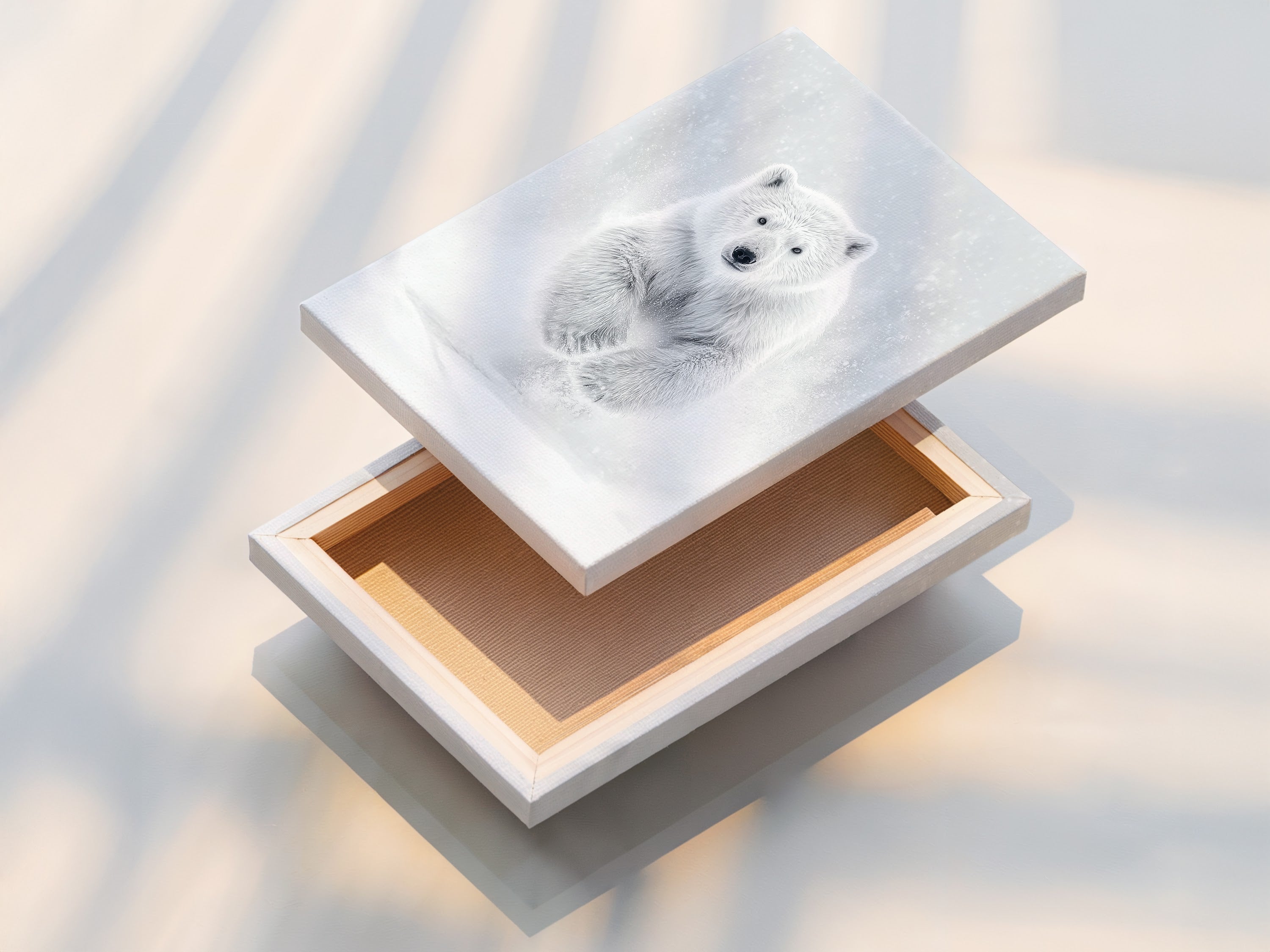 This stretched canvas print showcases a polar bear artwork ready to hang and transform any space. The stretched canvas enhances the wildlife wall art providing a clean and modern look. Ideal for adding arctic charm to your decor.