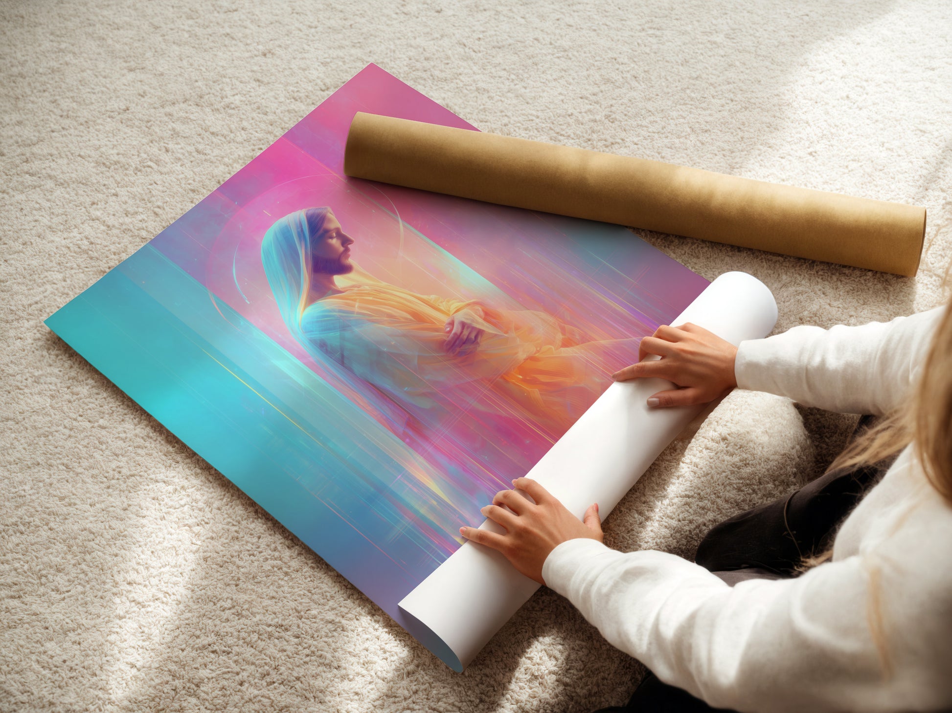 A woman carefully rolls a fine art poster paper. The smooth paper is perfect for high-quality prints. It ensures vibrant colors and sharp details. Fine art paper enhances the visual impact of any artwork or photograph.