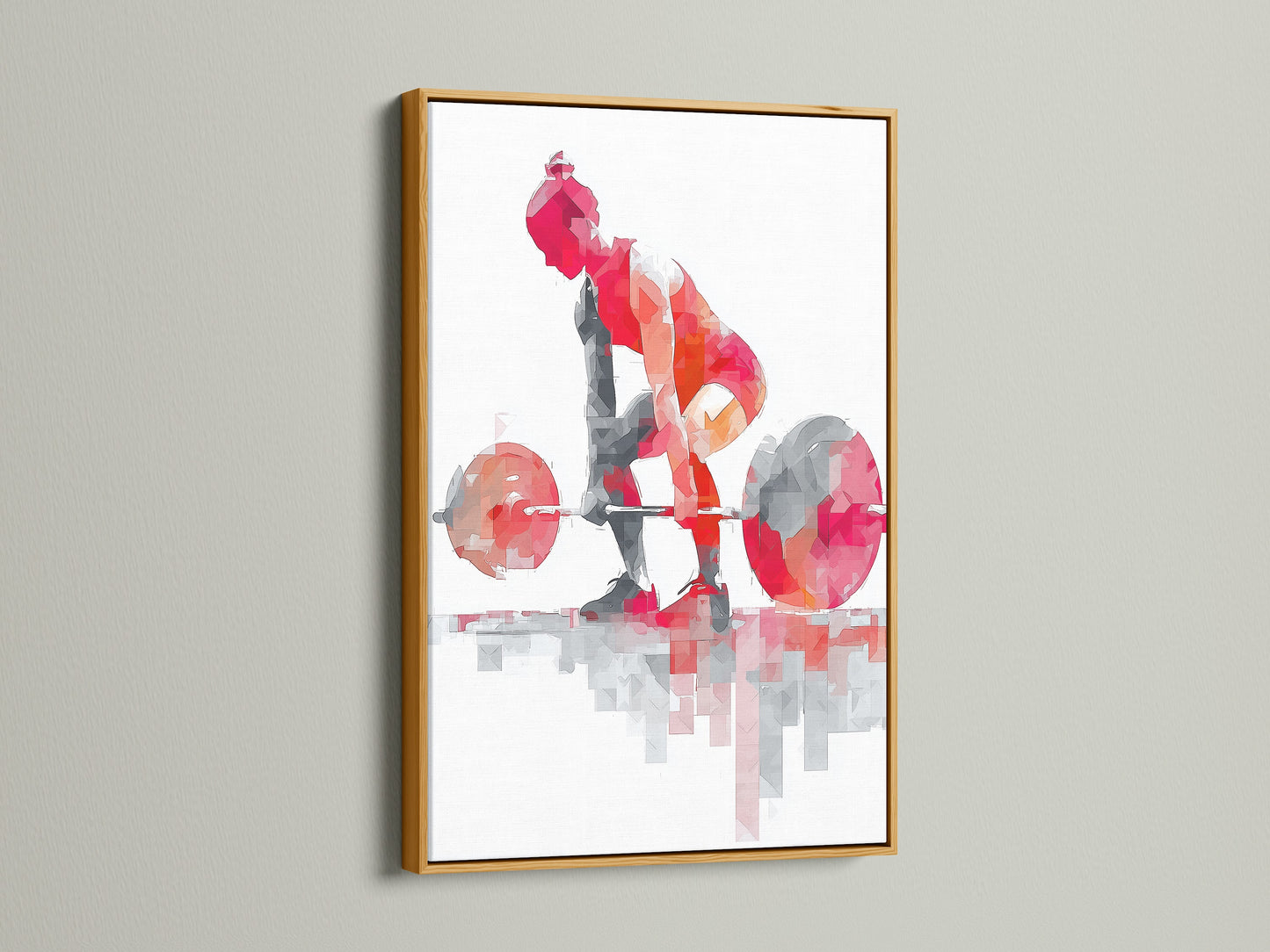 Gold frame showcasing a geometric fitness artwork print. The red abstract gym poster adds elegance to workout rooms. This weightlifting art is ideal for creating an inspiring gym environment.