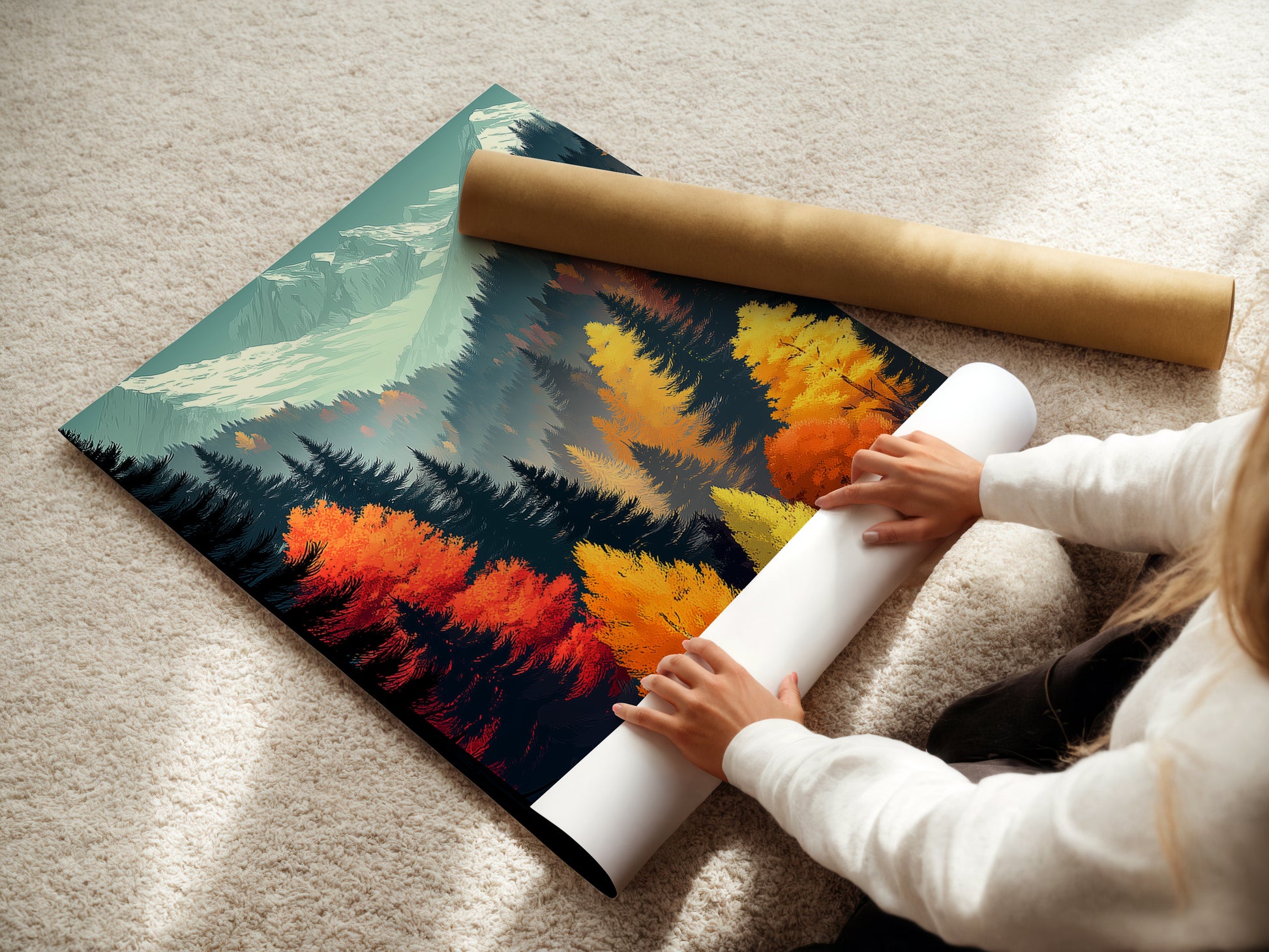 A woman carefully rolls a fine art poster paper. The paper features the Autumn Forest artwork a mountain landscape. The vibrant fall colors make it ideal for study room decor. High-quality nature print for art enthusiasts and interior decorators.