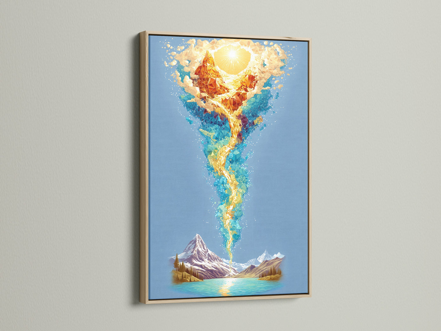 A captivating elemental canvas print in an oak frame. The abstract nature art features a mountain lake scene. This spiritual wall art brings a mystical touch to any space. Perfect for living room wall art.