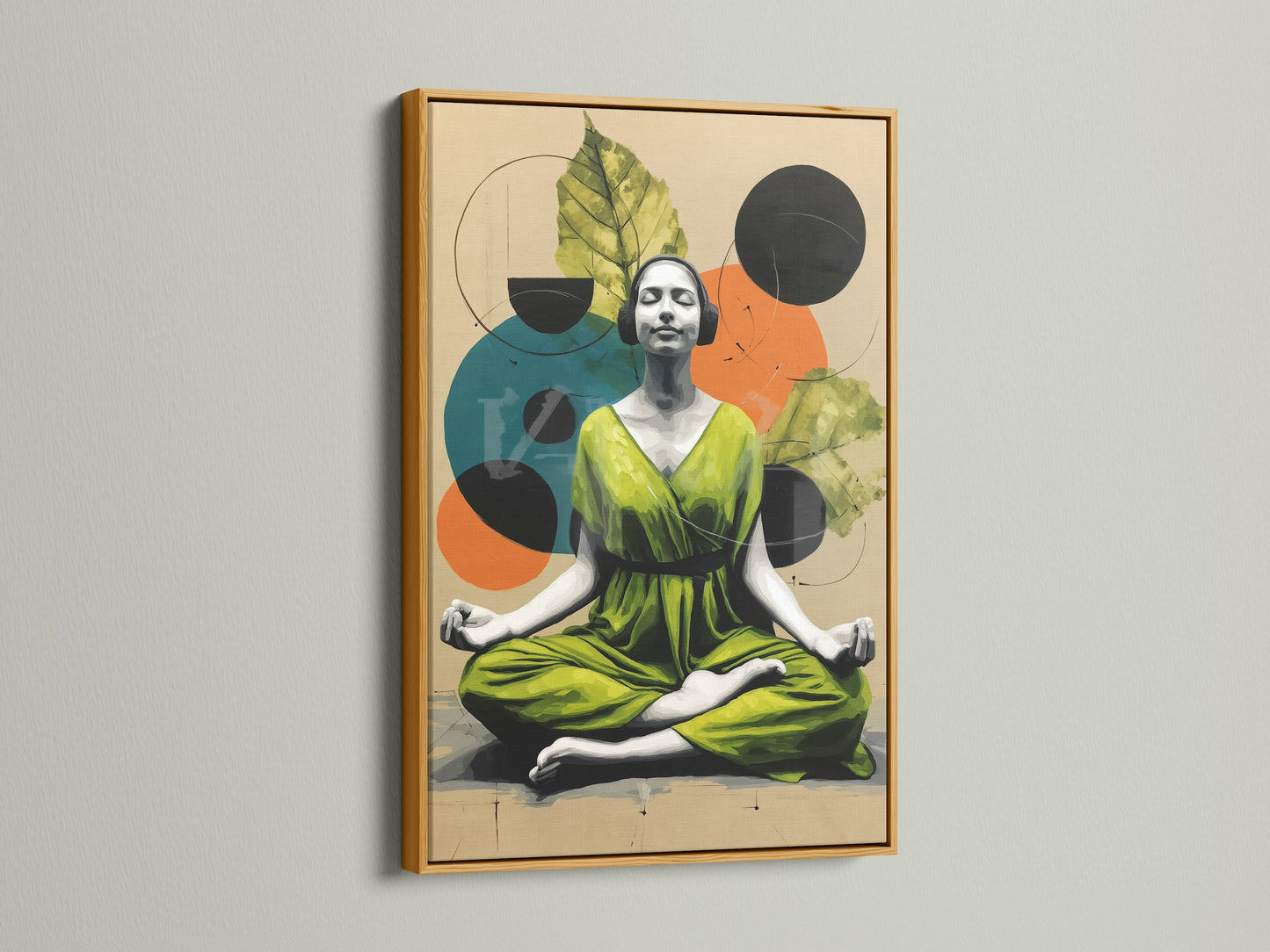 A gold frame displays calming meditation artwork. The zen yoga canvas print shimmers with elegance. This mindfulness poster creates a spiritual ambiance. Elevate your home or yoga studio decor with golden art.