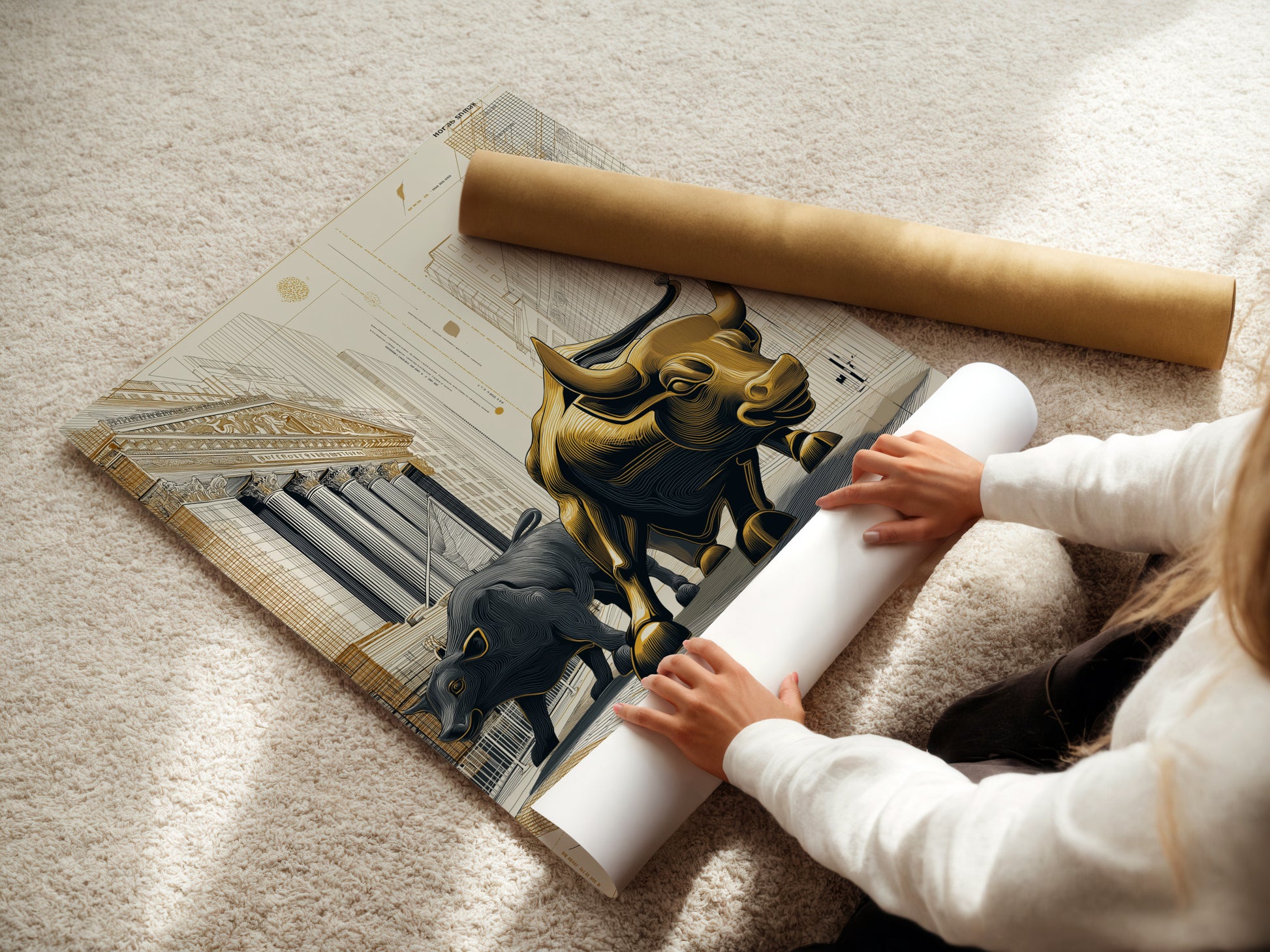 A woman is carefully rolling a fine art poster paper. Preparing it for framing or display. The process highlights the delicate nature. Ensuring the artwork arrives in pristine condition.
