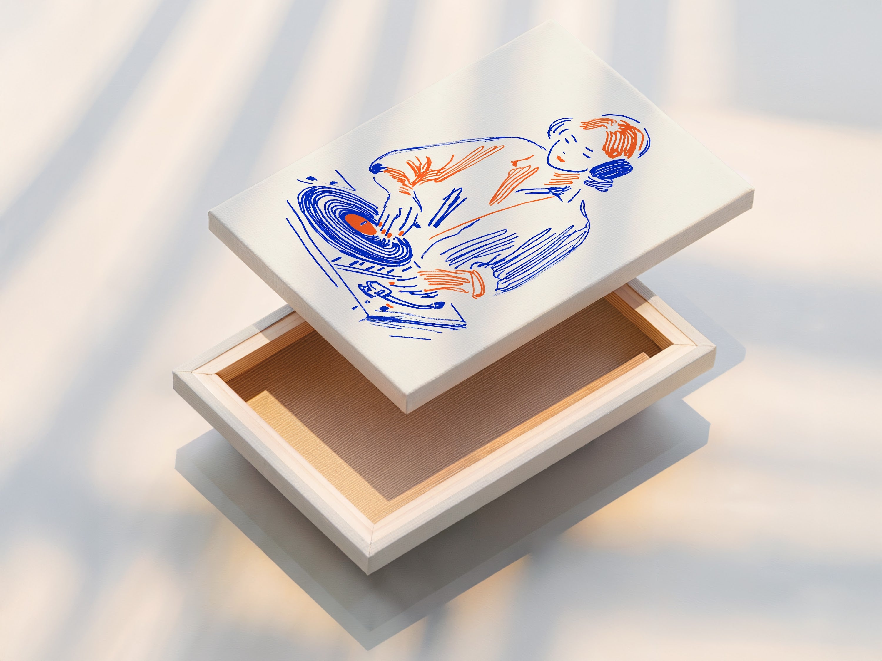 Stretched canvas print of the DJ Turntable artwork. This retro music art is perfect for studio wall art. It makes a thoughtful gift for music producers. The primary colors are blue and orange. This artwork is perfect for studio wall art or dorm decor. Enhance your space with this unique piece.