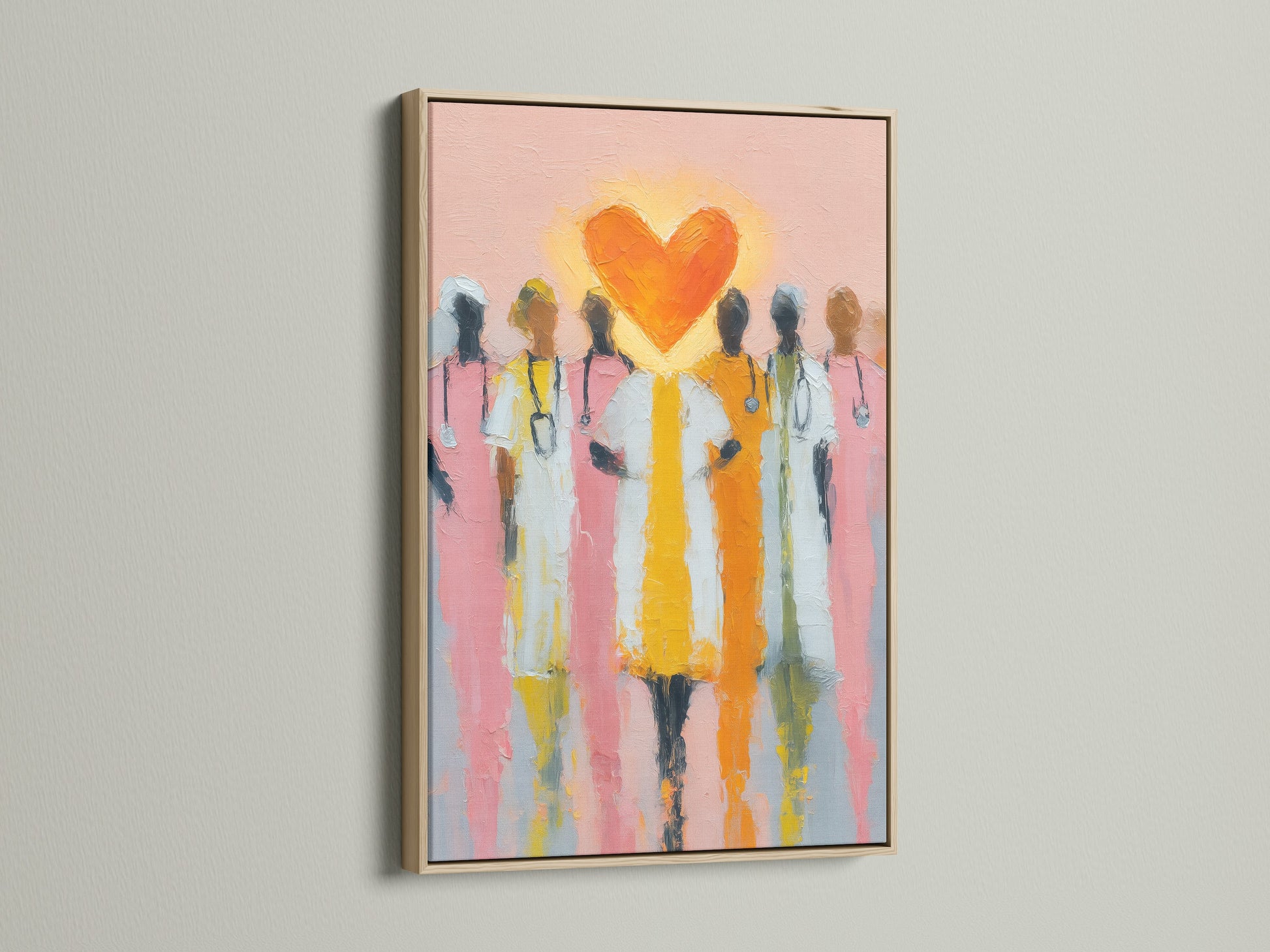 Medical Heroes artwork displayed in an oak frame. The art features healthcare workers beneath a heart. Ideal for adding a touch of contemporary style to any medical setting. This doctor wall art complements modern interiors. It enhances the aesthetic of hospitals and clinics.
