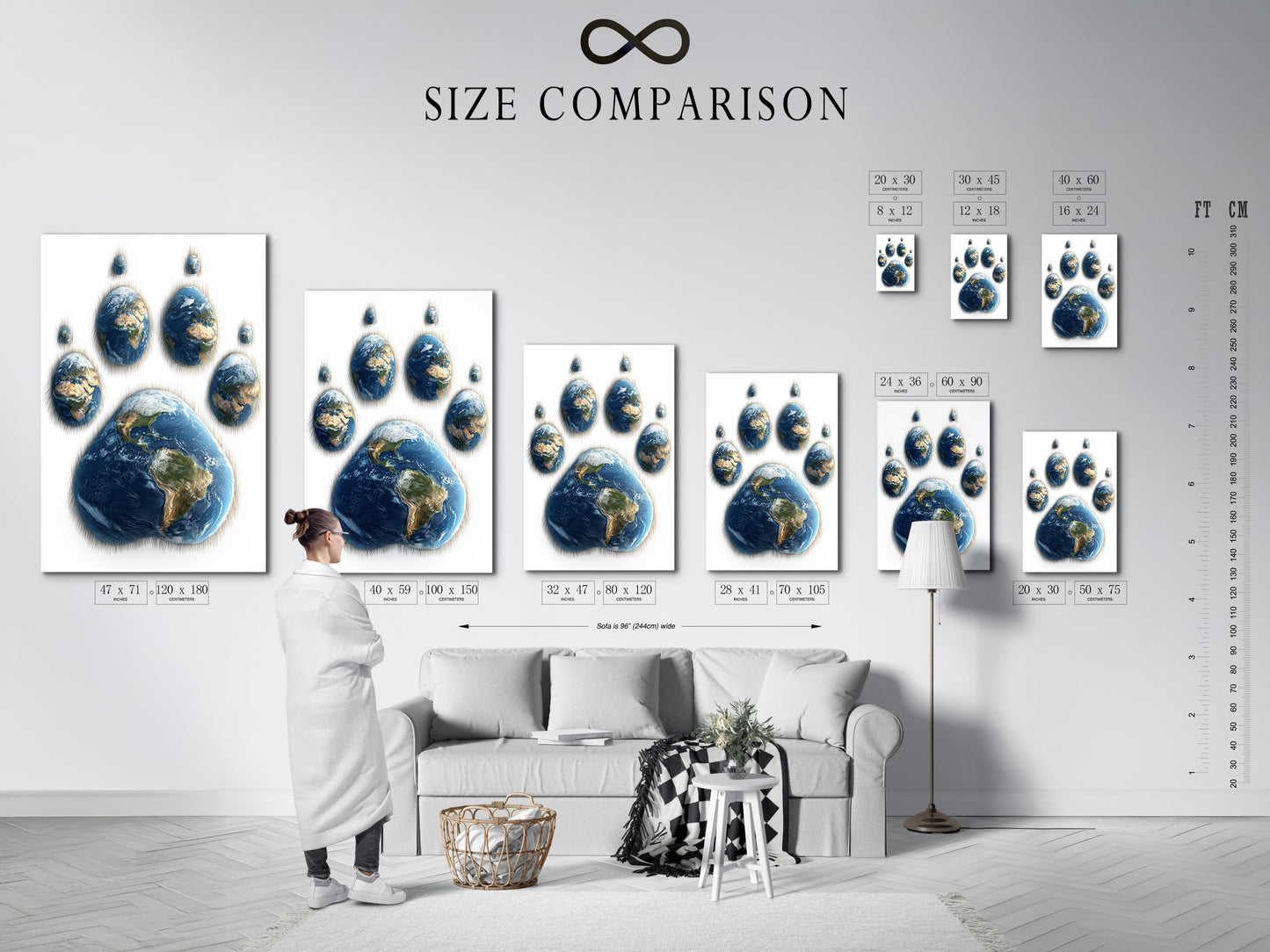 Size comparison chart in an interior setting. The chart helps visualize the artwork in different sizes. The art shows a paw print made of Earths. The interior setting provides context for scale. This chart is useful for choosing the perfect size for your space. It ensures the artwork fits seamlessly into your home.