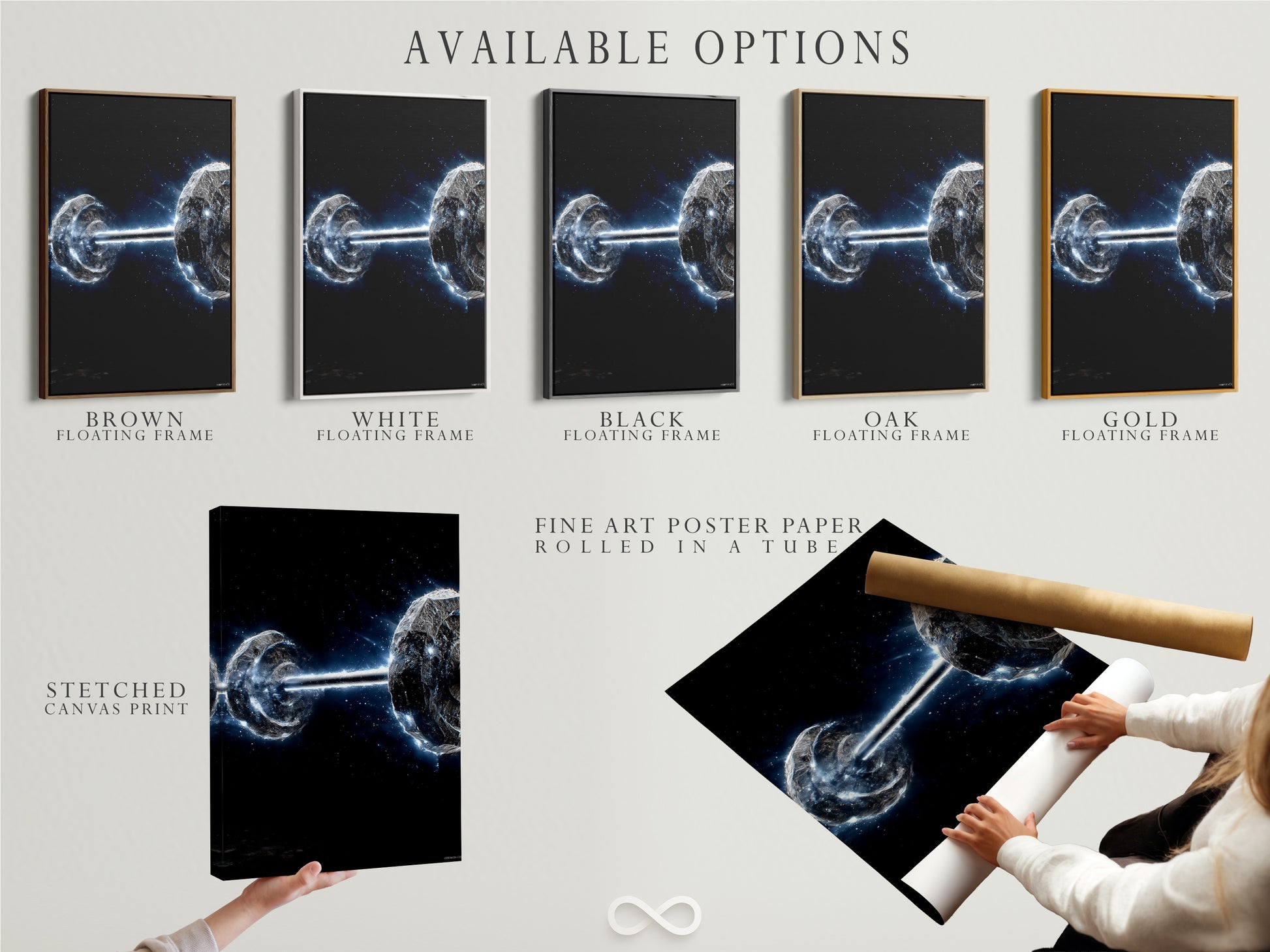 Explore available options for Cosmic Collision. Choose from stretched canvas print fine art poster paper or floating frame. Customize your space art to match your style. High quality materials and craftsmanship guaranteed. Find the perfect art for your home.