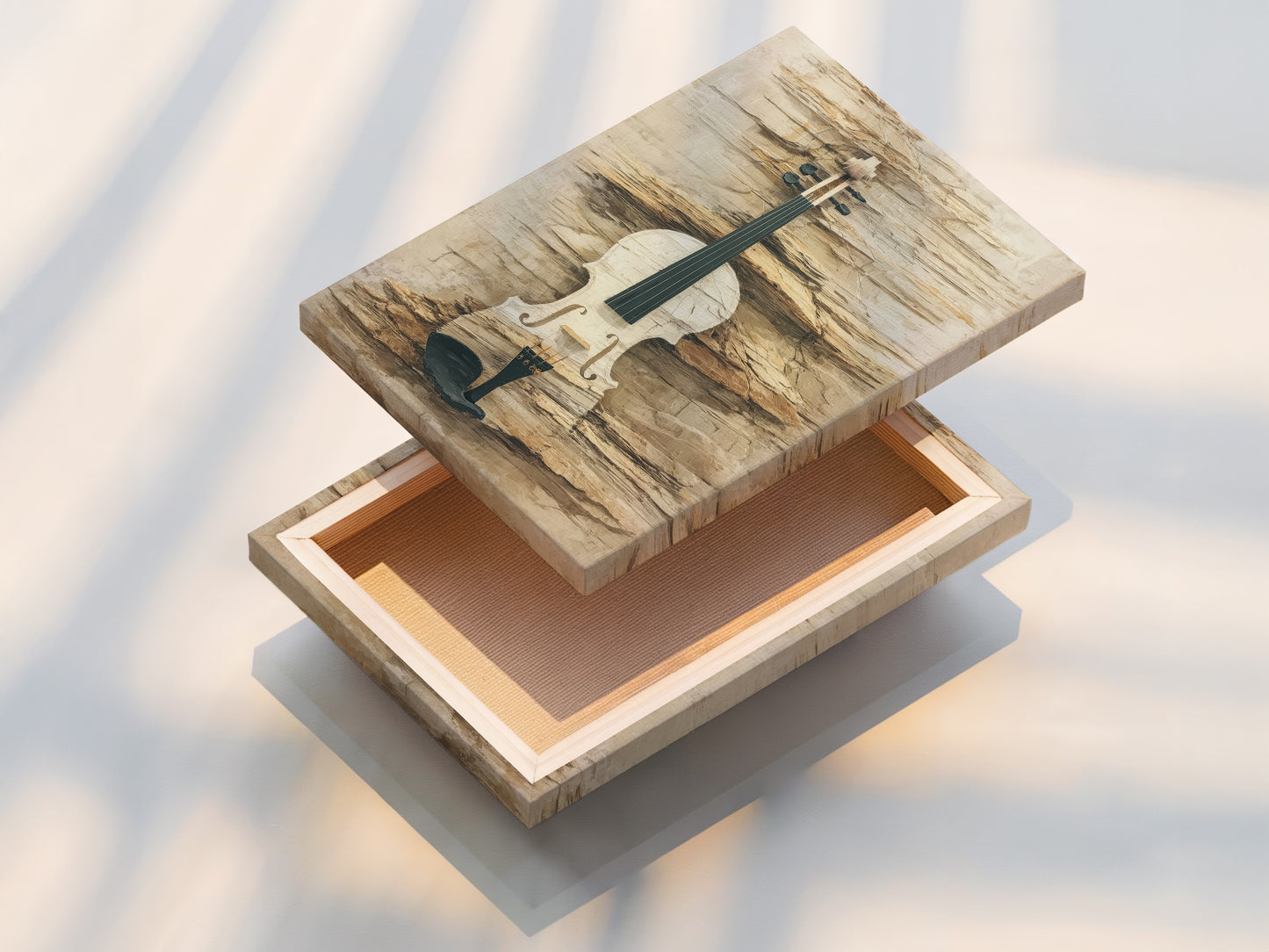 A stretched canvas print of vintage violin art. The neutral tones and rustic artwork create depth. Perfect as music wall art or living room decor. This stringed instrument piece adds classical charm.