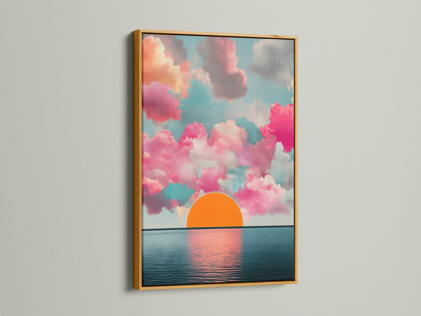The Sunset Clouds artwork is displayed in a gold frame. The abstract seascape wall art adds a touch of elegance. The modern sky artwork is ideal for bedroom wall decor. Enjoy the calming art and ocean view with this horizon print.