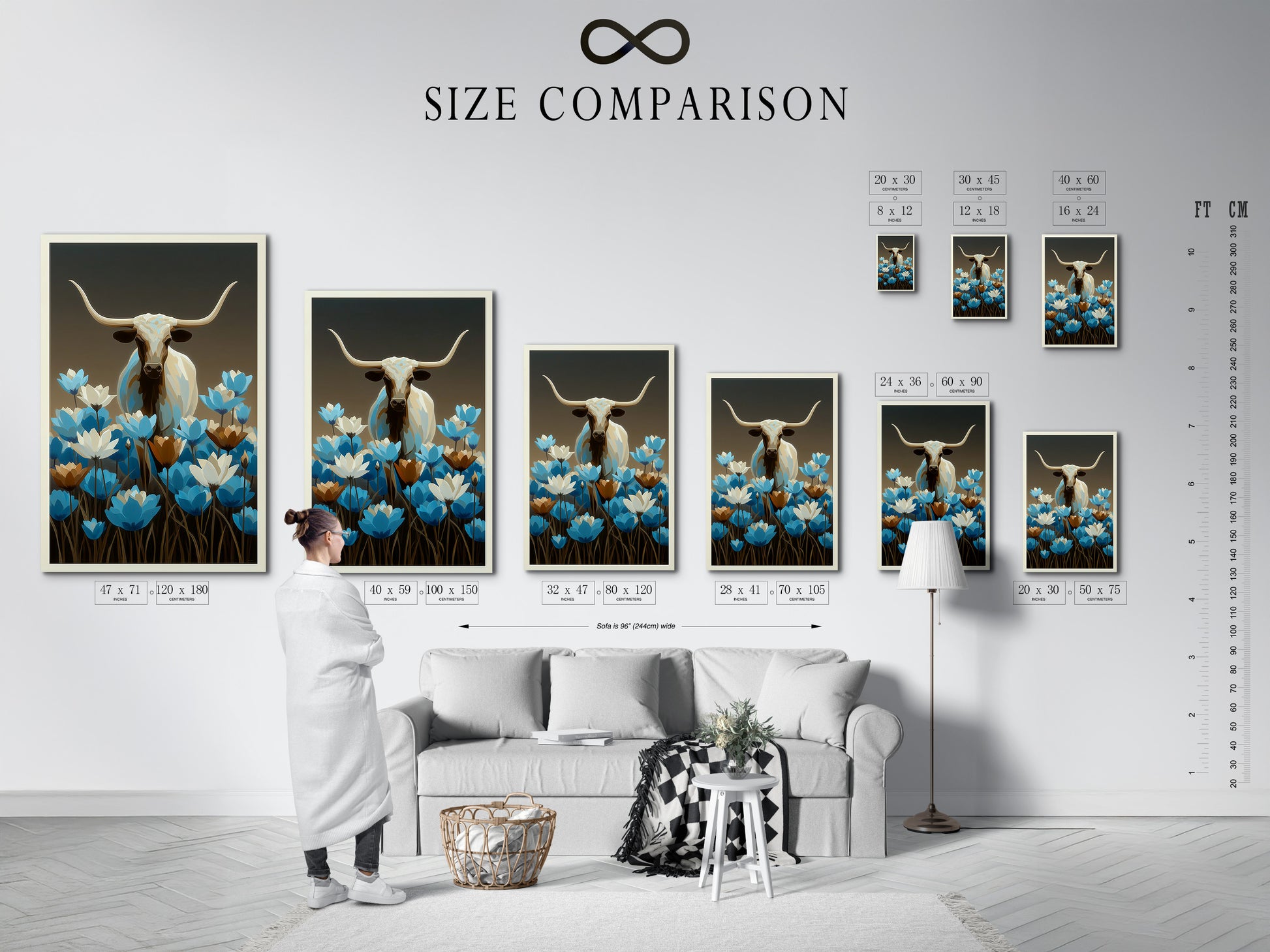 Size comparison chart in a stylish interior setting. The artwork is a longhorn bull with blue wildflowers. The Western wall decor is perfect for any room. This bull canvas print is ideal for modern farmhouse decor.