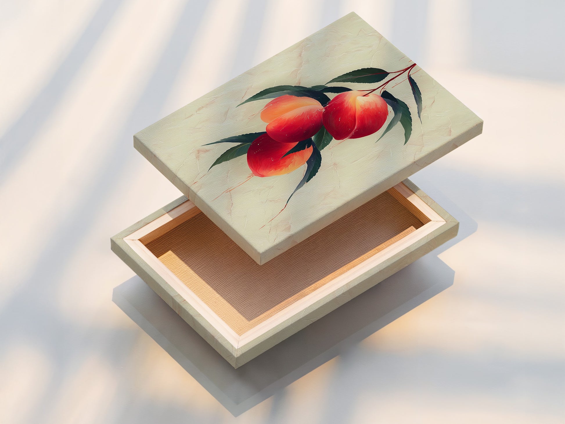 View a stretched canvas print featuring peach fruit botanical wall art. This piece is ready to hang. It adds a fresh touch to modern kitchen decor and farmhouse style. The stretched canvas provides a gallery-ready look. Enhance your living space with this artwork.