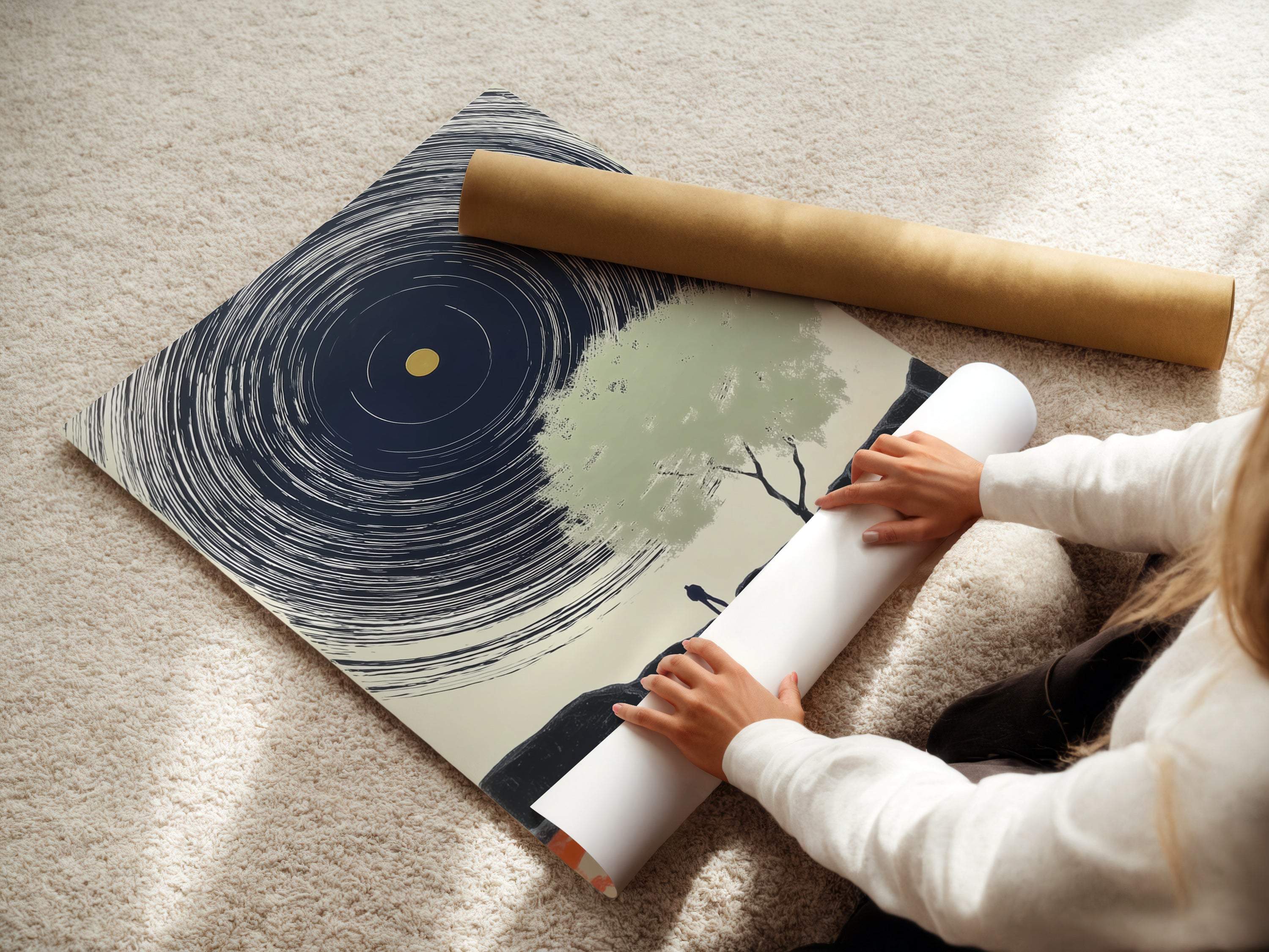 A skilled woman expertly handles fine art poster paper. She ensures a flawless surface for stunning abstract landscape prints. Experience the quality and care in every piece of our modern wall decor.