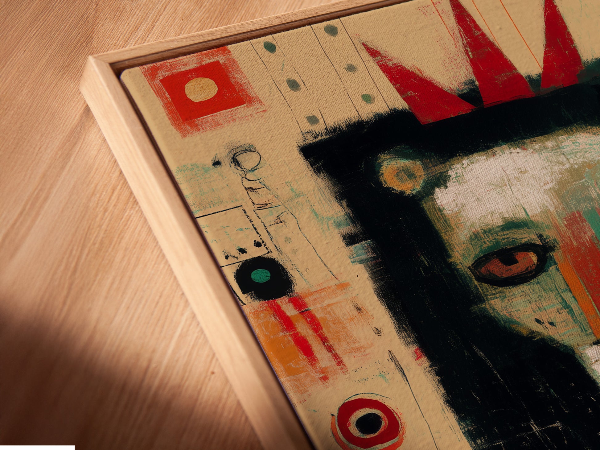 An angled close-up reveals a canvas print displayed in a floating frame. The floating frame creates a modern and sophisticated look. The canvas print appears to hover. Discover the unique appeal of floating frames for your artwork.