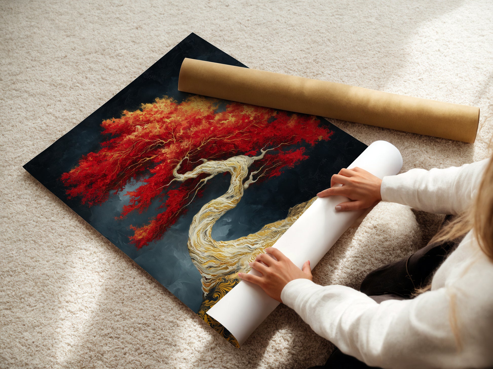 A woman carefully rolls a fine art poster paper print. Preparing the Japanese bonsai tree artwork for display. This red maple print is perfect for zen wall decor. Ideal for adding a touch of Asian style to any space. High-quality materials ensure lasting beauty.