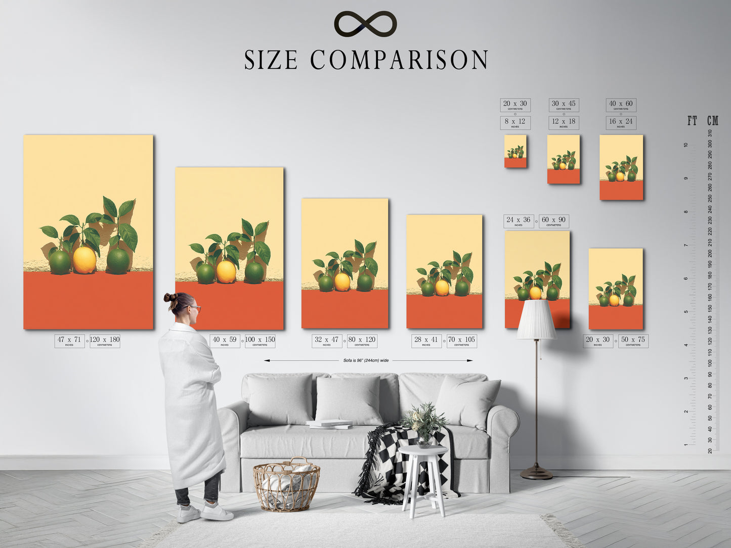 Size comparison chart in an interior setting. See how the Citrus Fruit Artwork fits in various spaces. Choose the perfect size for your kitchen wall art. Visualize the impact of this still life print in your home.