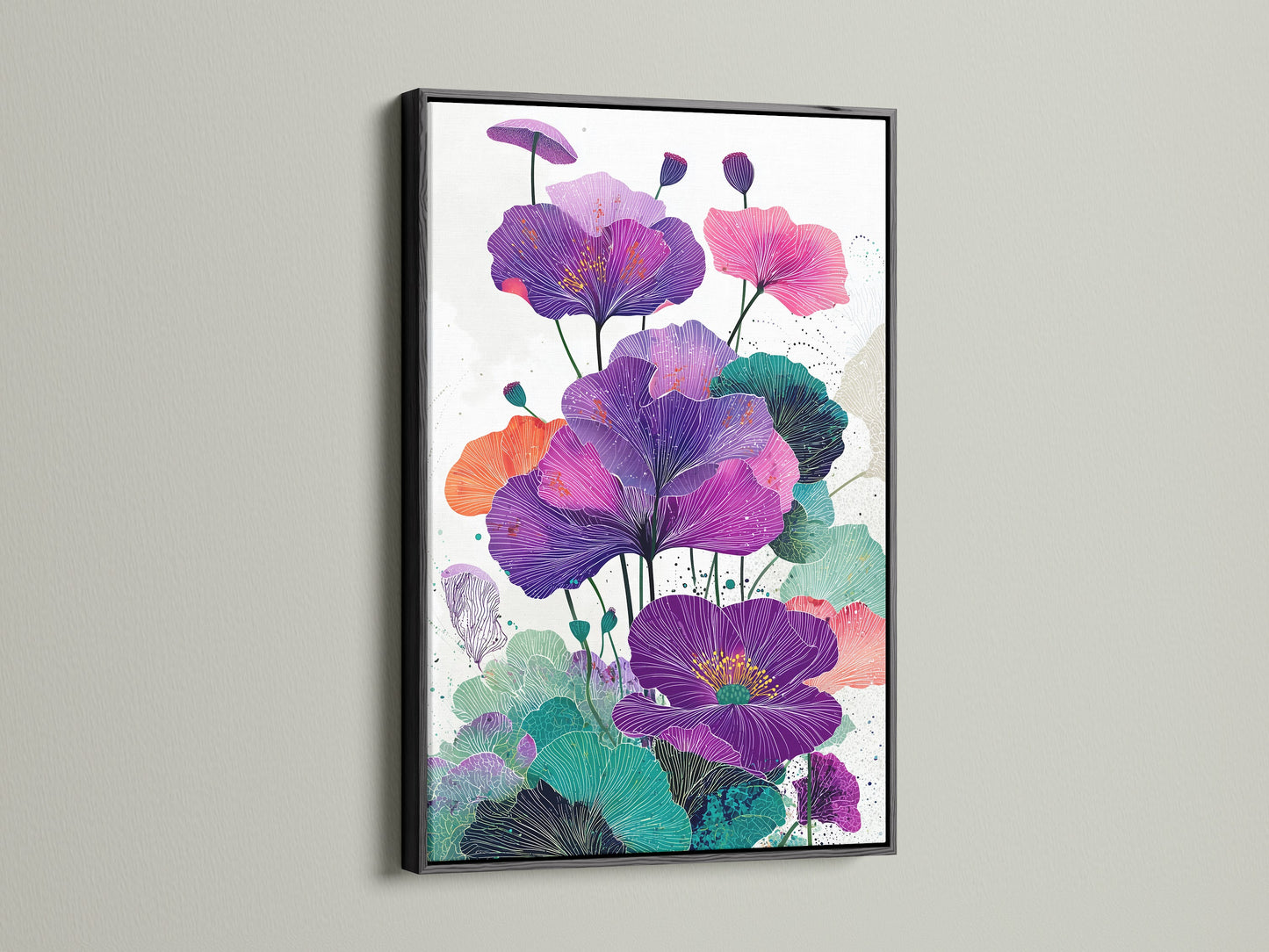 Floral canvas artwork presented in a black frame. The contrast of the black frame accentuates the purple botanical wall art. A striking piece for any contemporary home. Discover how this flower canvas art can transform your living room. See our selection of botanical wall decor today.